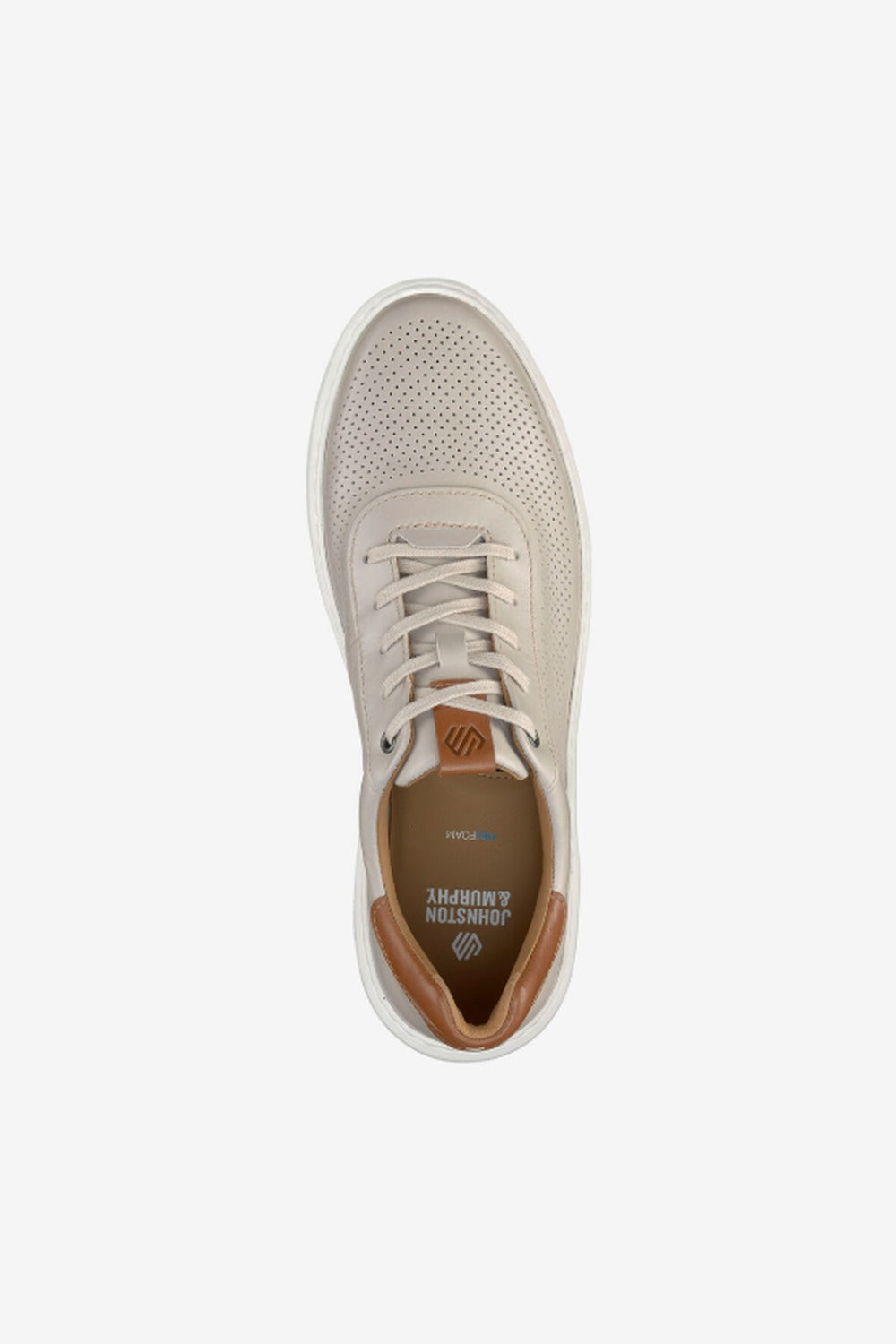 Johnston & Murphy Anders Perfed U-Throat in Beige, a cushioned perforated leather sneaker that dresses up with chinos for the office or down with shorts for weekend errands and summer evenings
