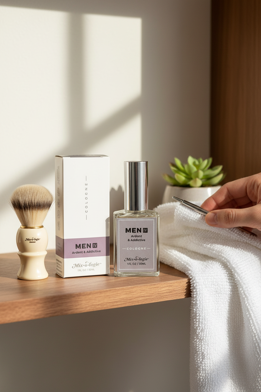 Mixologie Ardent and Addictive cologne on a walnut bathroom shelf with a shaving brush, a warm, long-lasting men's cologne for everyday wear, the office and gifting