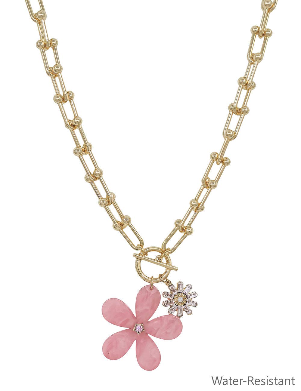 Gold Chunky Chain with Pink Resin Flower Charm