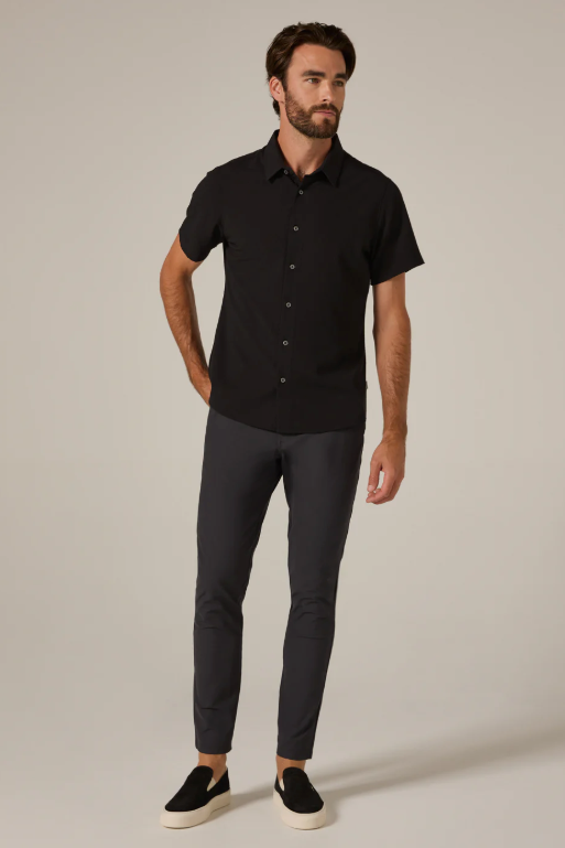 7 Diamonds Barnes shirt in Black, a breathable seersucker-style button-up that keeps you cool and sharp on hot days at the office, summer weddings, vacations and nights out