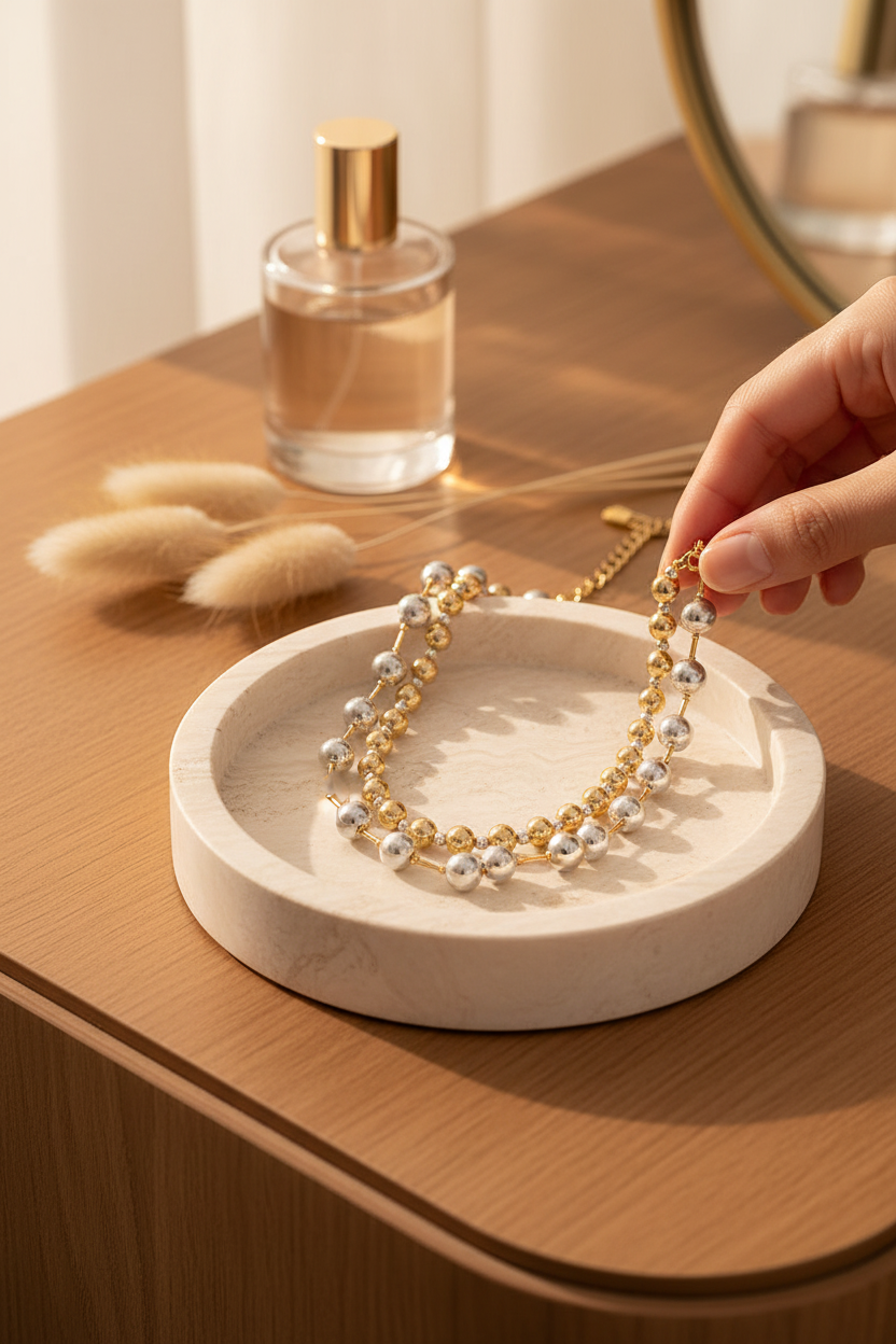 Beaded Double Layered Necklace on a travertine jewelry dish, perfect for layering, everyday wear and gifting