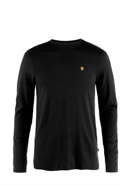 Fjällräven Bergtagen merino long sleeve shirt in Black, a soft, temperature-regulating merino wool base layer for hiking, skiing, backpacking and cold Pacific Northwest adventures