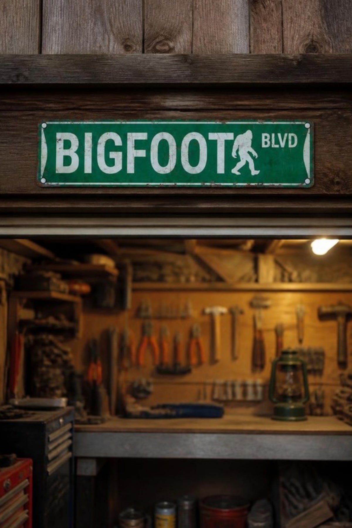Bigfoot Mountain Outfitters Bigfoot Blvd street sign hung over the garage workshop, a fun way to name the shop, man cave, shed or basement bar and a great gift for Bigfoot fans