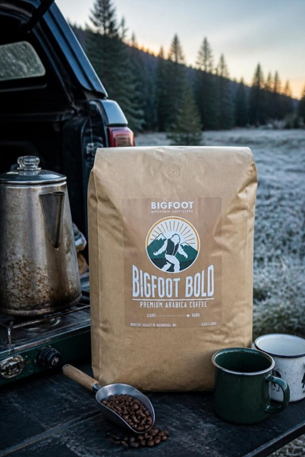 Bigfoot Bold dark roast in a bulk 5 lb bag for hunting camp, the shop, or the household that goes through a pot a day — fuel for early mornings in elk season. Locally roasted Pacific Northwest whole beans, a big gift for serious coffee drinkers.