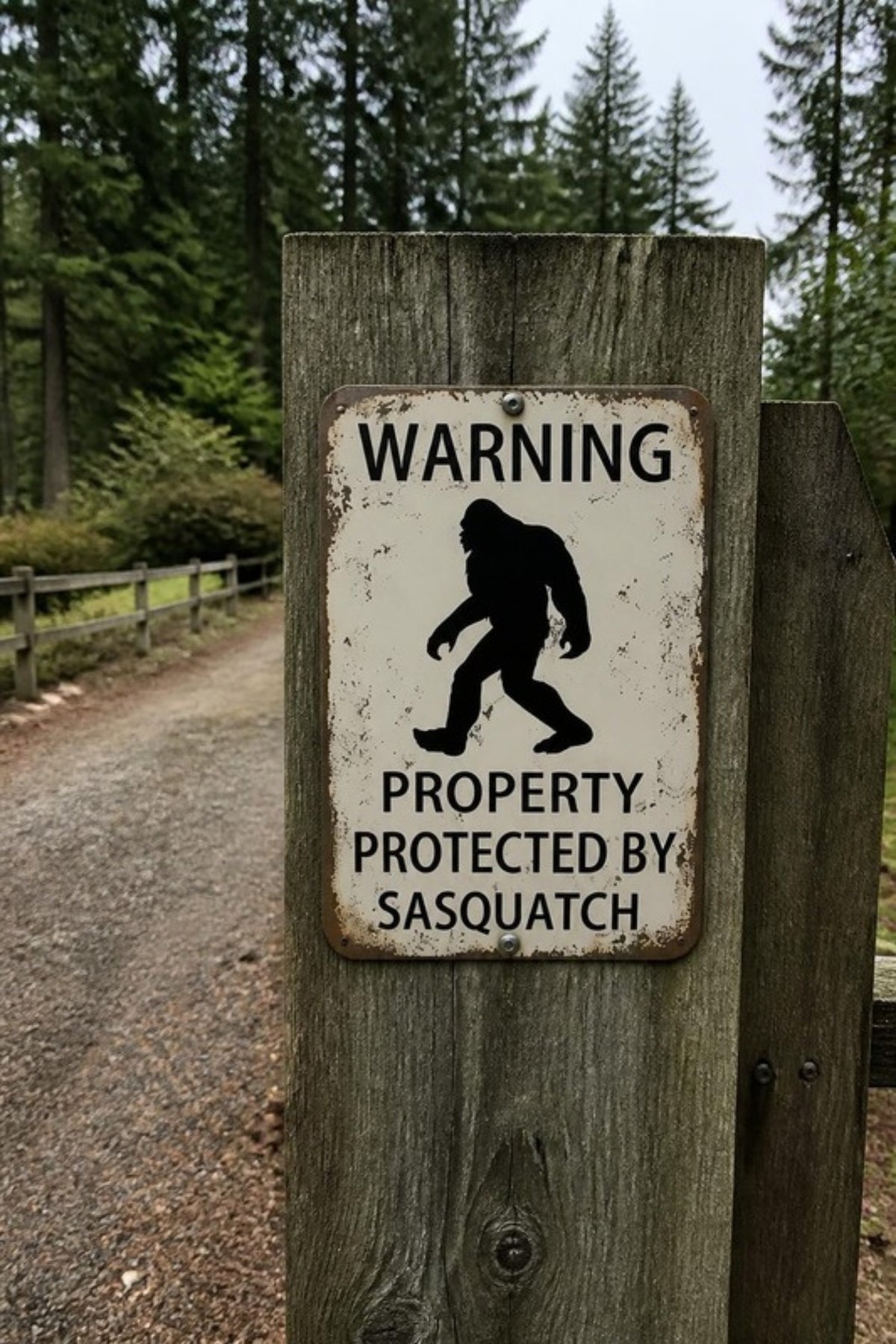 Bigfoot Mountain Outfitters Warning Property Protected by Sasquatch sign on a fence post by the driveway, a funny vintage-style metal sign for the gate, shop, cabin or garage and a gift for Bigfoot believers