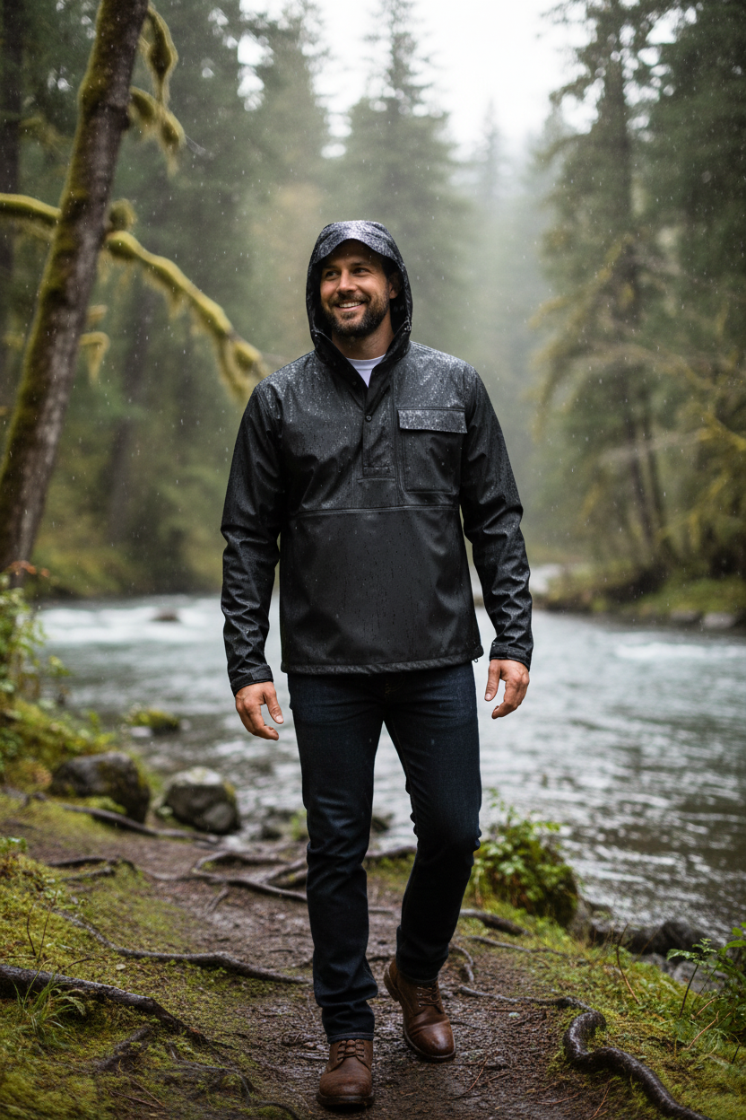 Bigfoot Mountain Outfitters Granyte River Runner Anorak rain jacket in black on a rainy riverside trail, a packable rain shell for drizzly PNW hikes, fishing trips and wet game days.