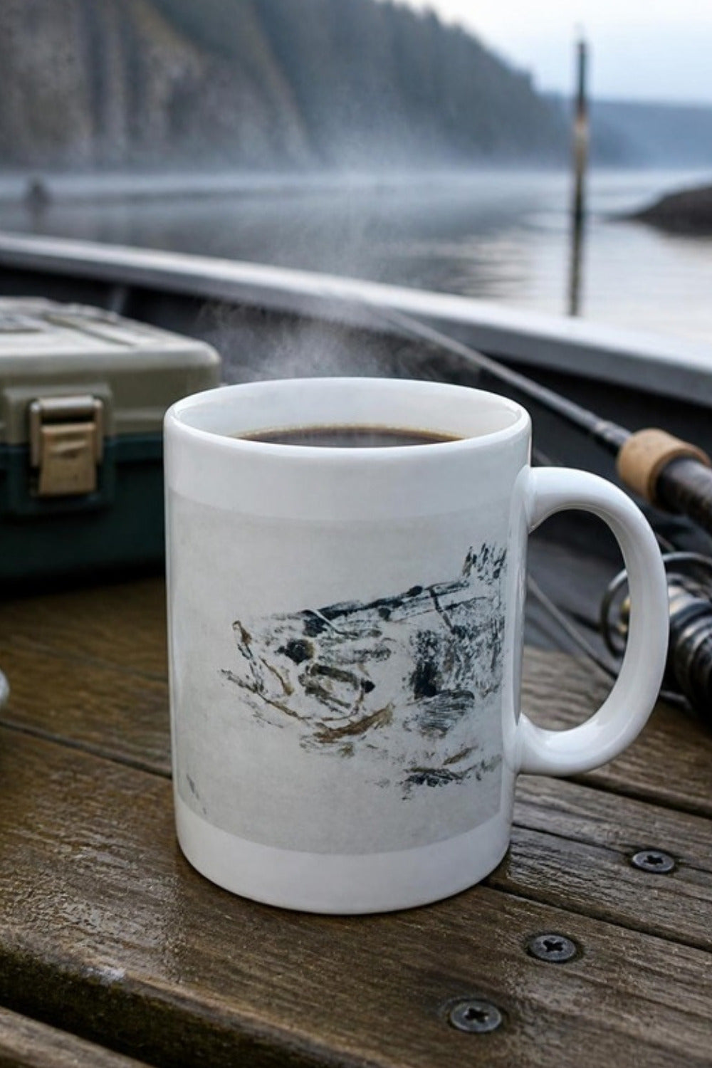 Smallmouth Bass Gyotaku coffee mug for early mornings on the Columbia — pour a cup in the boat before the first cast, or keep it on the desk to remember the one that didn't get away. Original BMO fish art, a great gift for bass fishermen.