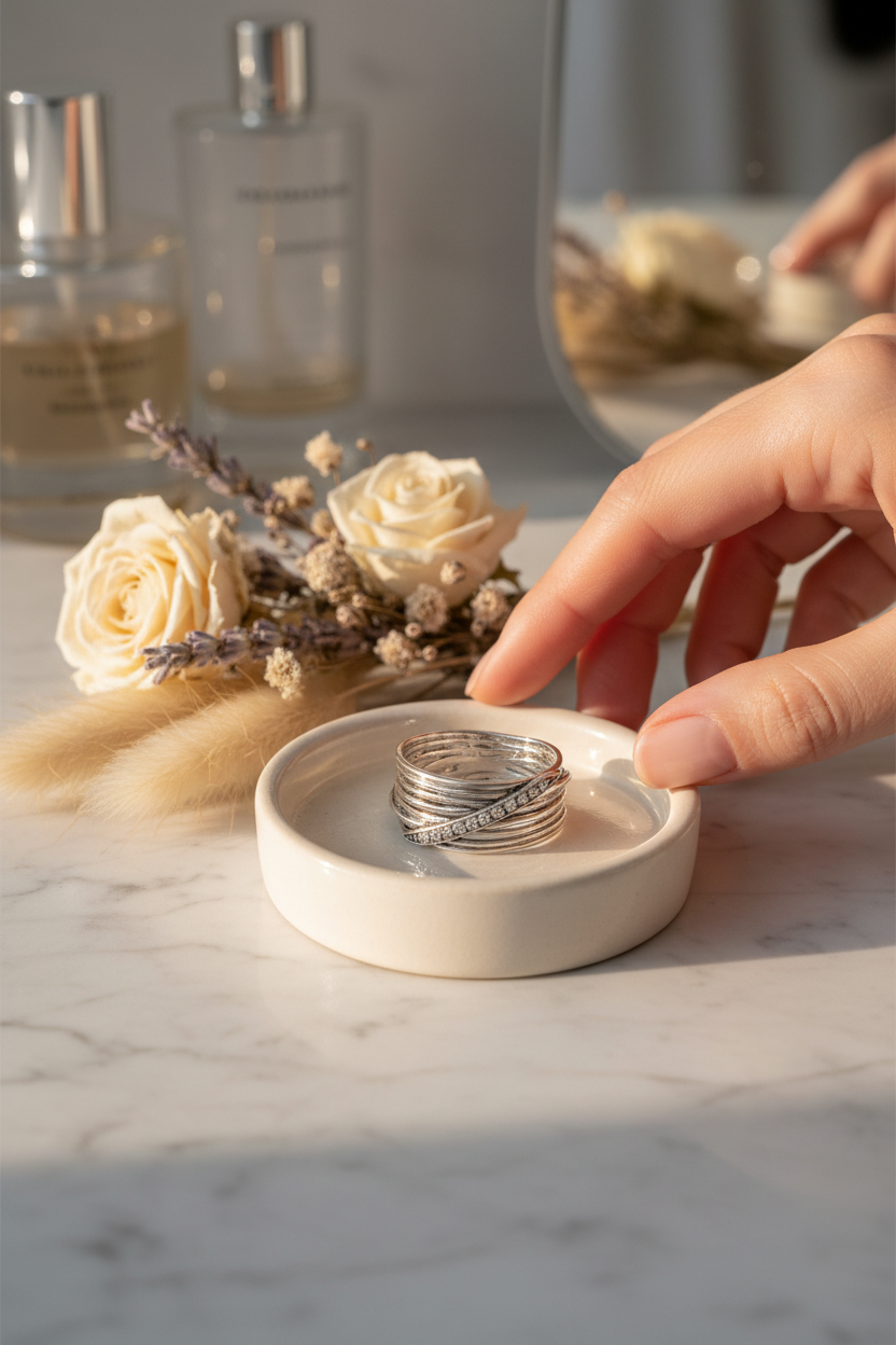 Silpada Breath Of Fresh Air Diamond Band Ring on a ceramic ring dish, perfect for stacking, everyday wear and gifting