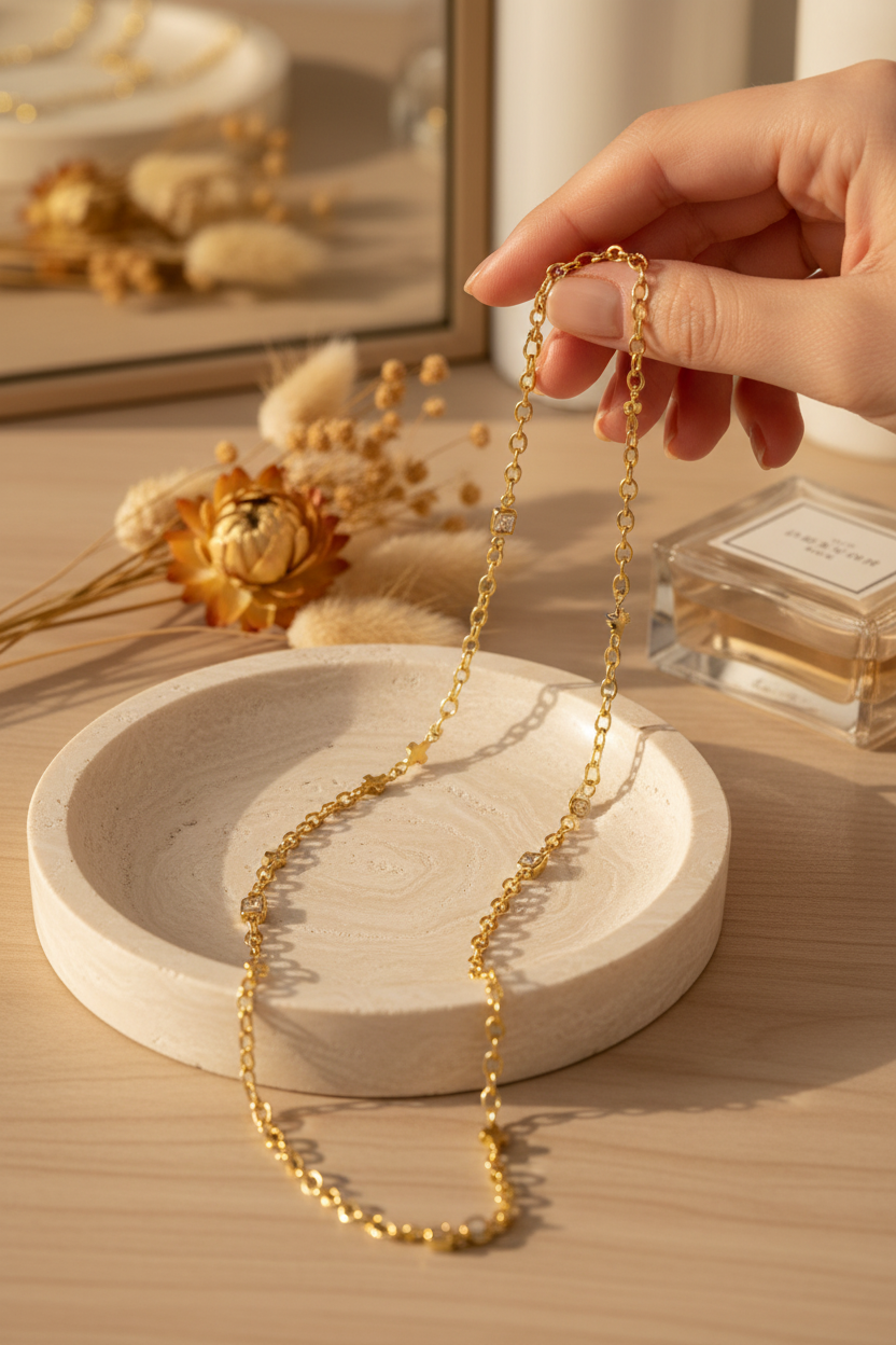 Waxing Poetic Bright Wishes Chain draped on a travertine jewelry dish, perfect for layering, everyday wear and gifting