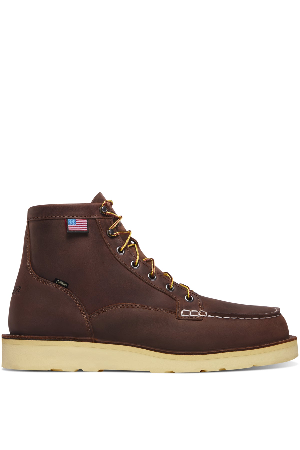 Danner Bull Run Moc Toe GTX in Brown, a waterproof GORE-TEX leather work boot with classic moc toe styling for job sites, farm chores, rainy days and weekend wear