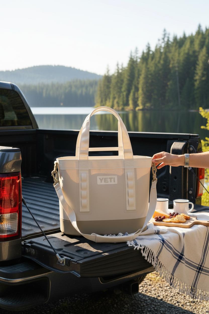YETI Camino Carryall 35 2.0 Tote Bag in Cape Taupe at a lakeside picnic, perfect for picnics, beach days, camping and road trips