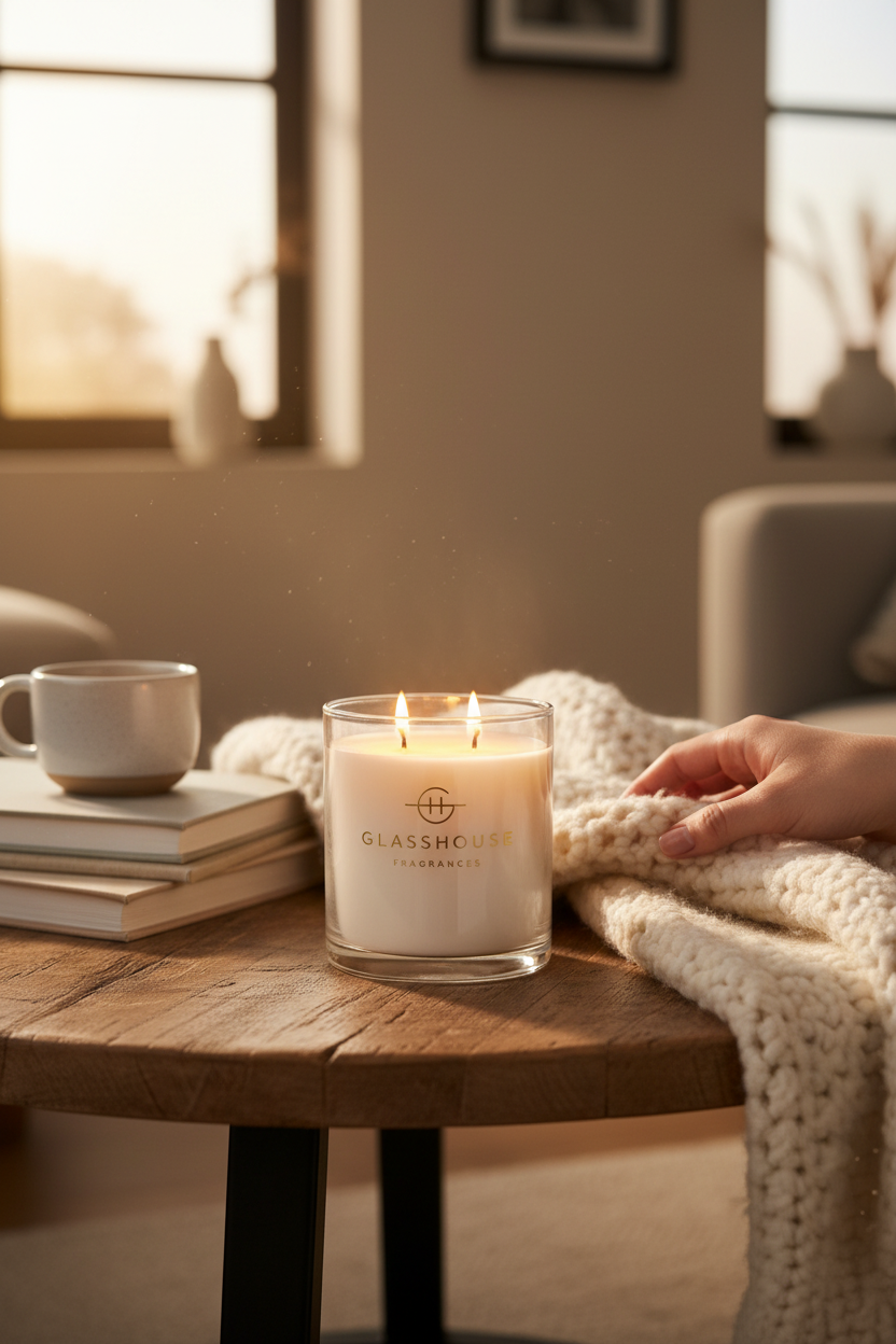 Glasshouse Forever Florence 13.4 oz candle lit on a cozy coffee table, perfect for cozy evenings at home, hosting and gifting