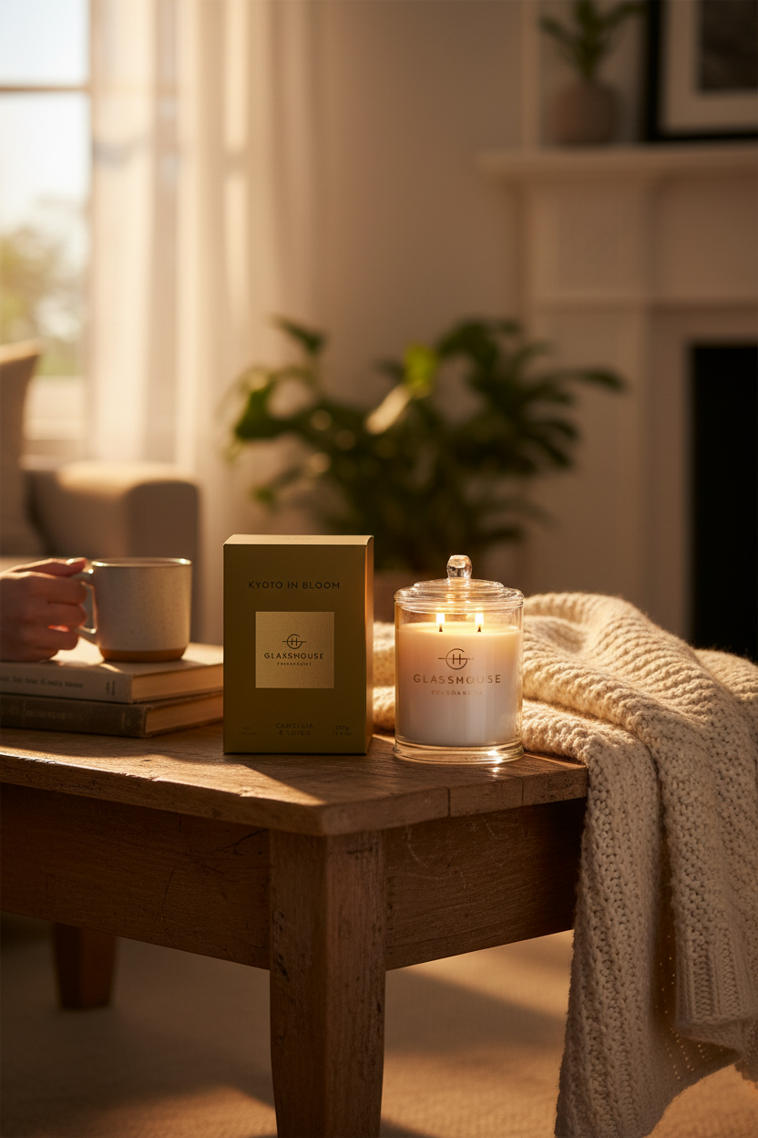Glasshouse Kyoto In Bloom 13.4 oz candle lit on a cozy coffee table, perfect for cozy evenings at home, hosting and gifting