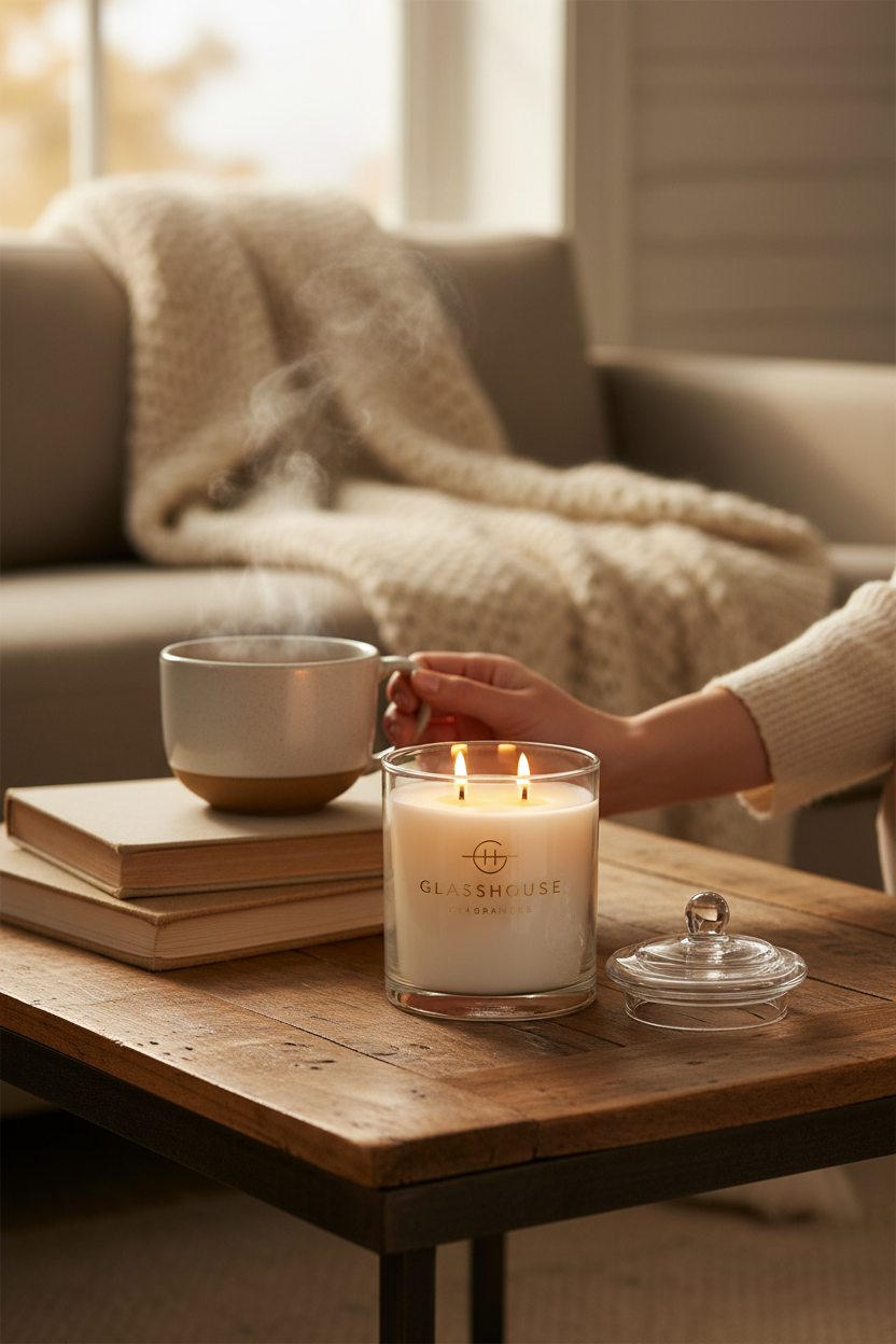 Glasshouse Midnight In Milan 13.4 oz candle lit on a cozy coffee table, perfect for cozy evenings at home, hosting and gifting