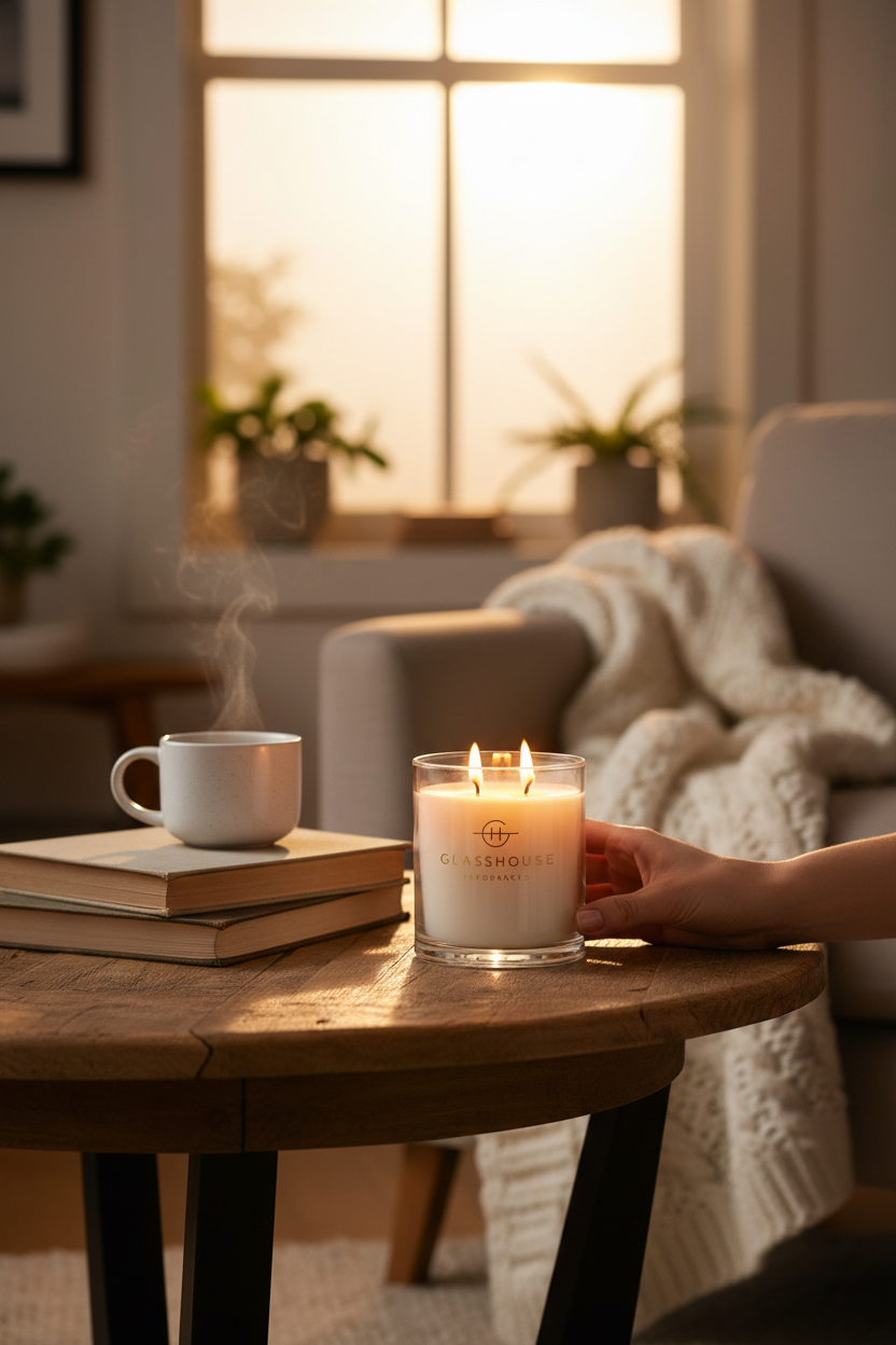 Glasshouse One Night In Rio 13.4 oz candle lit on a cozy coffee table, perfect for cozy evenings at home, hosting and gifting