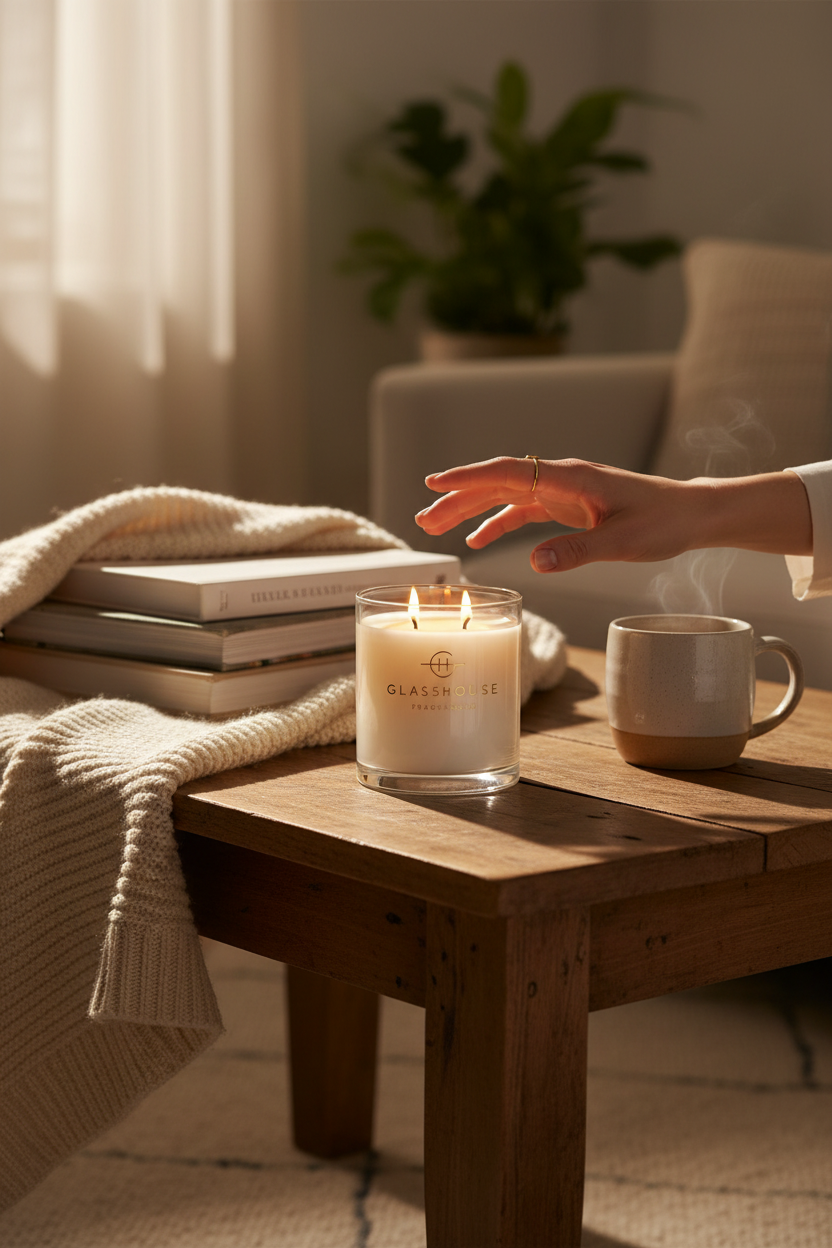 Glasshouse St Barts Bronze 13.4 oz candle lit on a cozy coffee table, perfect for cozy evenings at home, hosting and gifting
