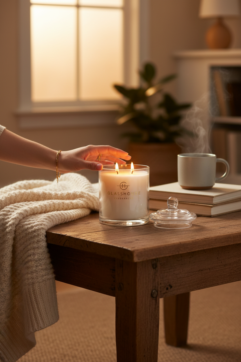 Glasshouse Sunsets In Capri 13.4 oz candle lit on a cozy coffee table, perfect for cozy evenings at home, hosting and gifting