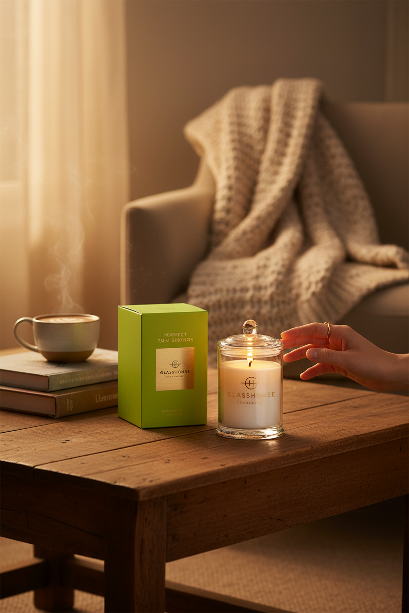 Glasshouse Perfect Palm Springs 2.1 oz candle lit on a cozy coffee table, perfect for cozy evenings at home, hosting and gifting