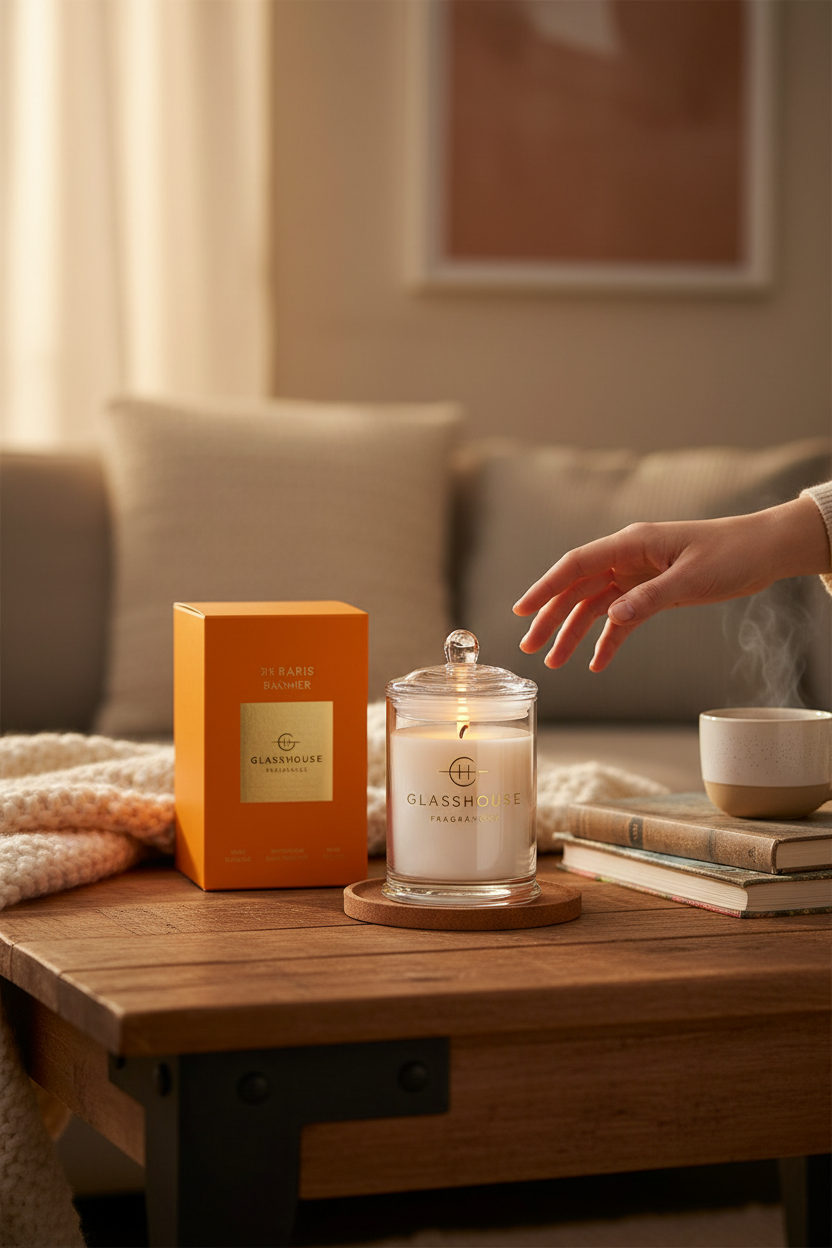 Glasshouse St Barts Bronze 2.1 oz candle lit on a cozy coffee table, perfect for cozy evenings at home, hosting and gifting