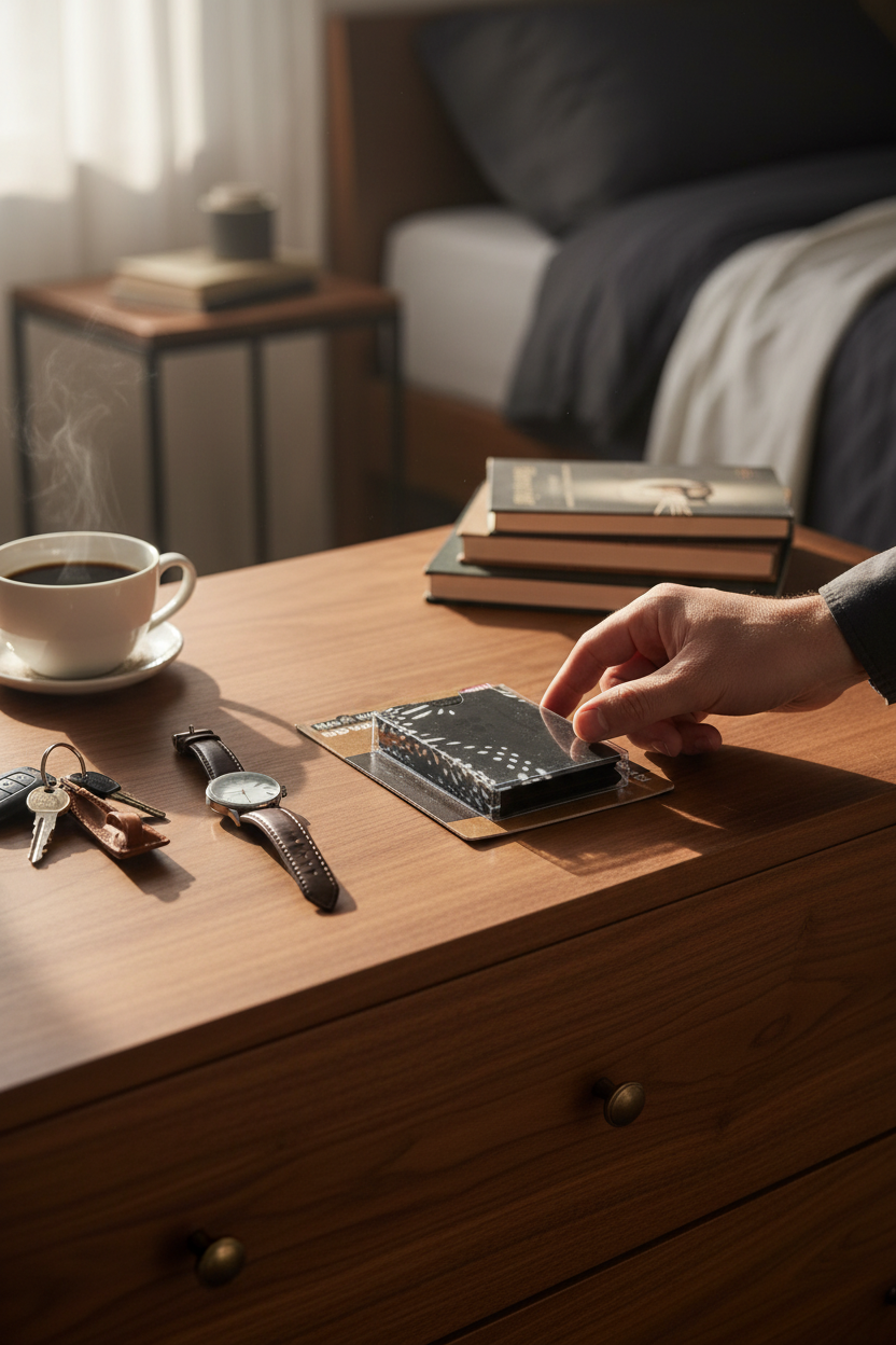 Mad Maxx Canvas RFID Blocking Wallet on a walnut dresser with keys, watch and coffee, a slim everyday wallet that protects cards from RFID skimming, a great gift for commuters, travelers and dads