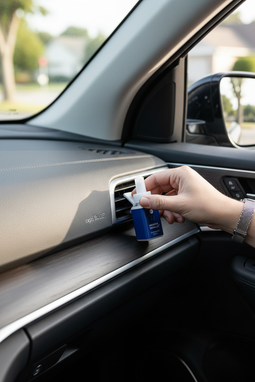 Capri Blue Havana Vanilla car diffuser clipped to a car vent, perfect for keeping your car smelling warm and fresh on every drive
