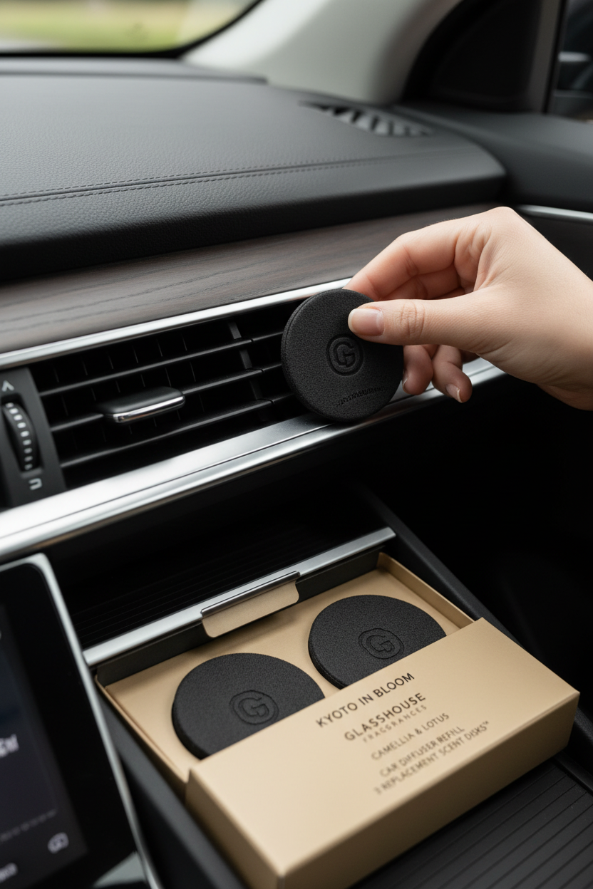 Glasshouse Kyoto In Bloom Car Diffuser Refill scent discs in a car vent, perfect for keeping your car smelling fresh on every drive
