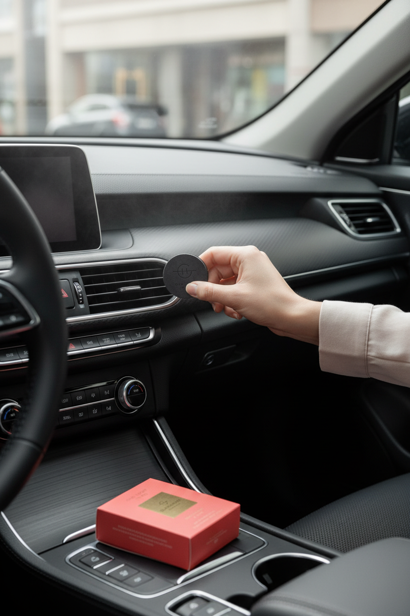Glasshouse One Night In Rio Car Diffuser Refill scent discs in a car interior, perfect for keeping your car smelling fresh on every drive