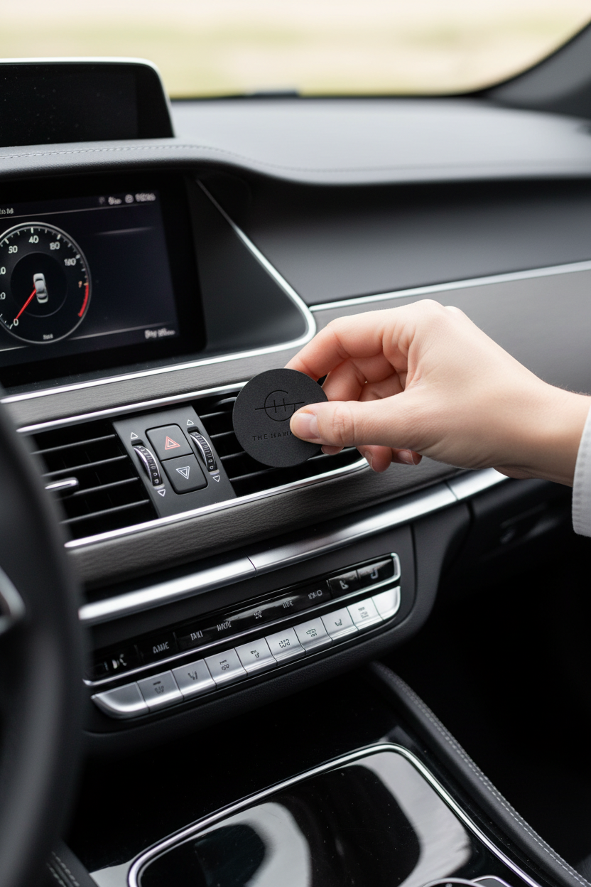 Glasshouse The Hamptons Car Diffuser Refill scent disc in a car vent, perfect for keeping your car smelling fresh on every drive