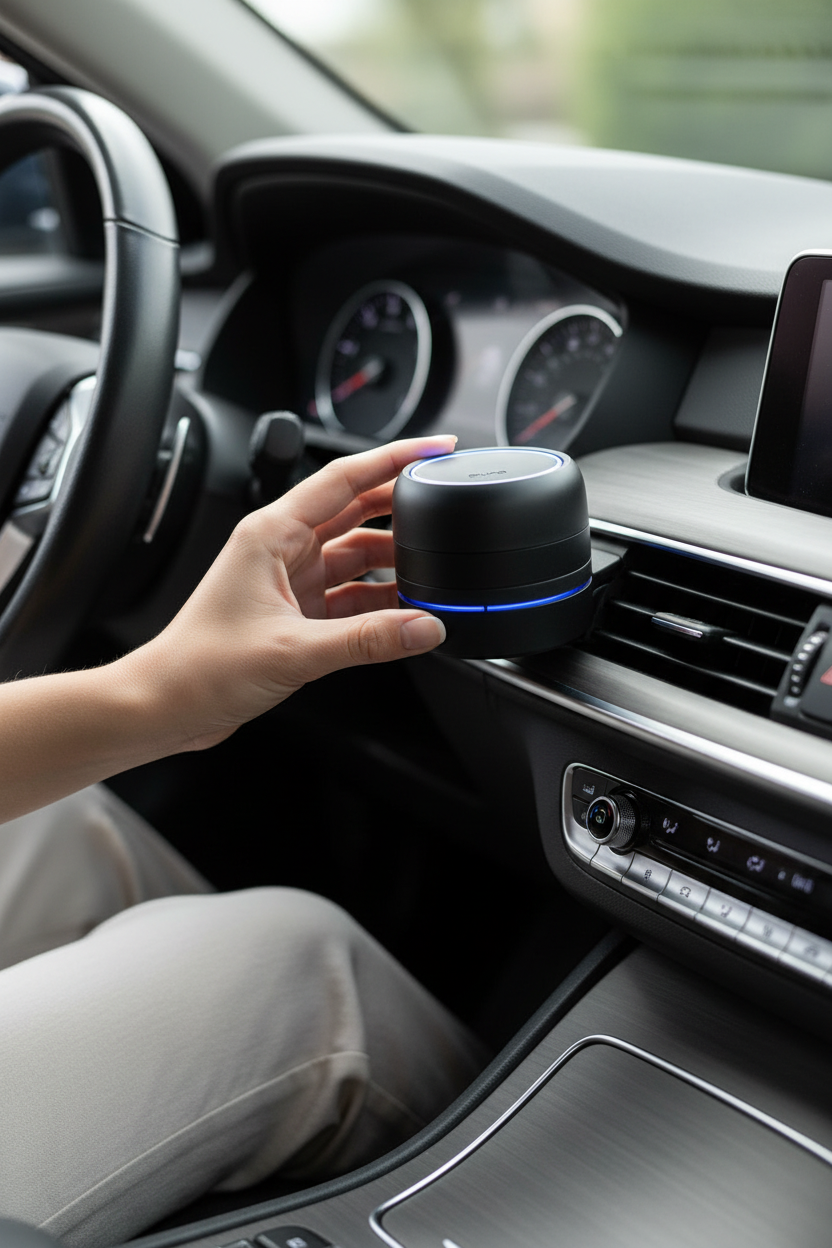 Pura Car Pro smart car diffuser in a car interior, perfect for keeping your car smelling fresh on every drive