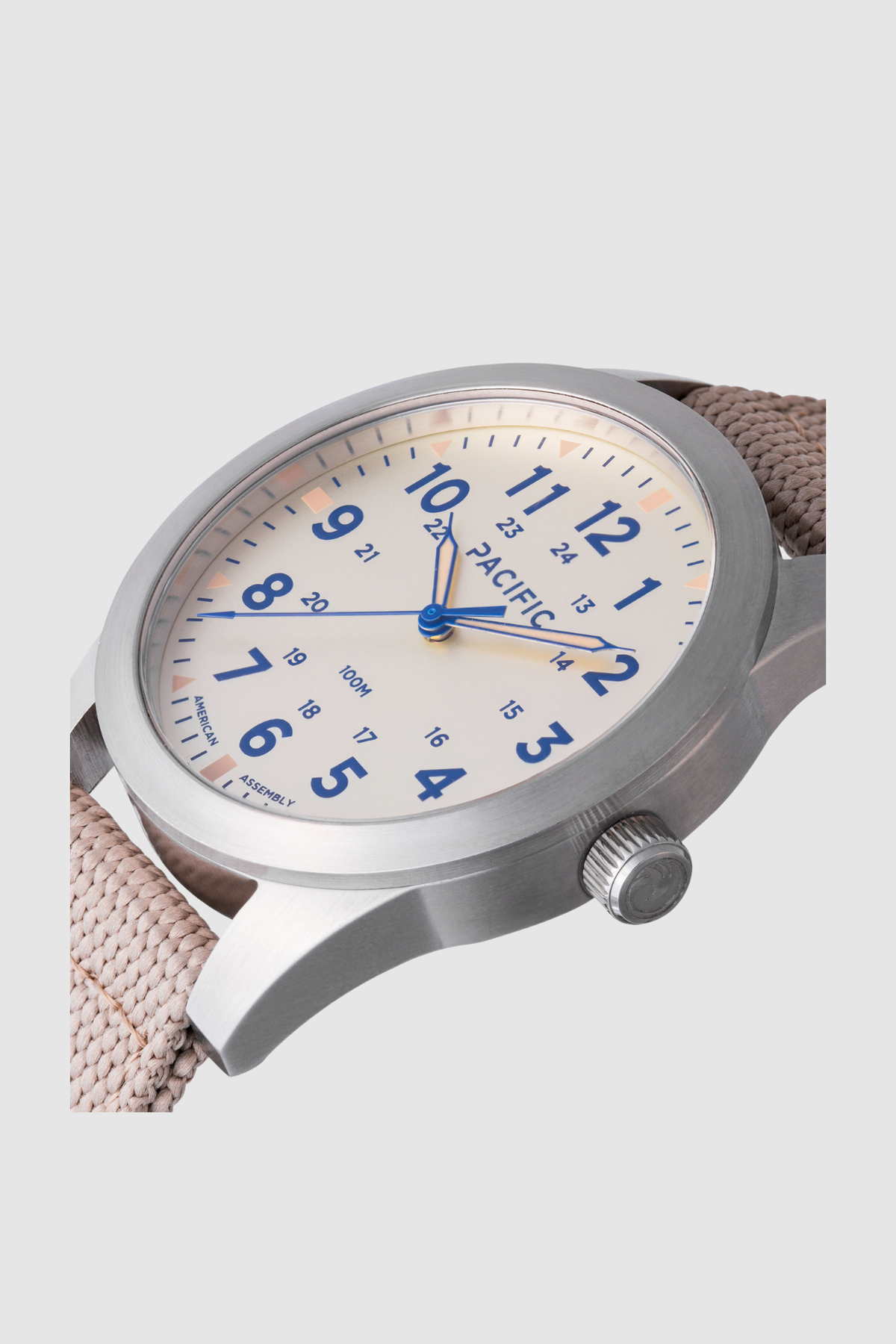 Pacific Watch Company Cascadia field watch in Acadia White with Sandstone strap, a rugged USA-assembled 316L stainless steel watch for hiking, fishing, travel and everyday wear, a great gift for him