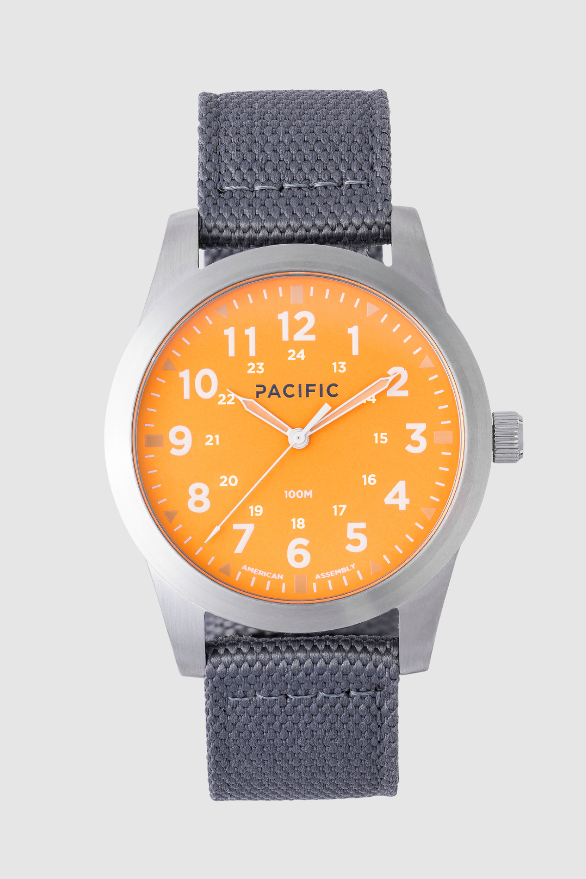 Pacific Watch Company Cascadia field watch in Orange Crush with Grey strap, a rugged USA-assembled 316L stainless steel watch for hiking, fishing, travel and everyday wear, a great gift for him