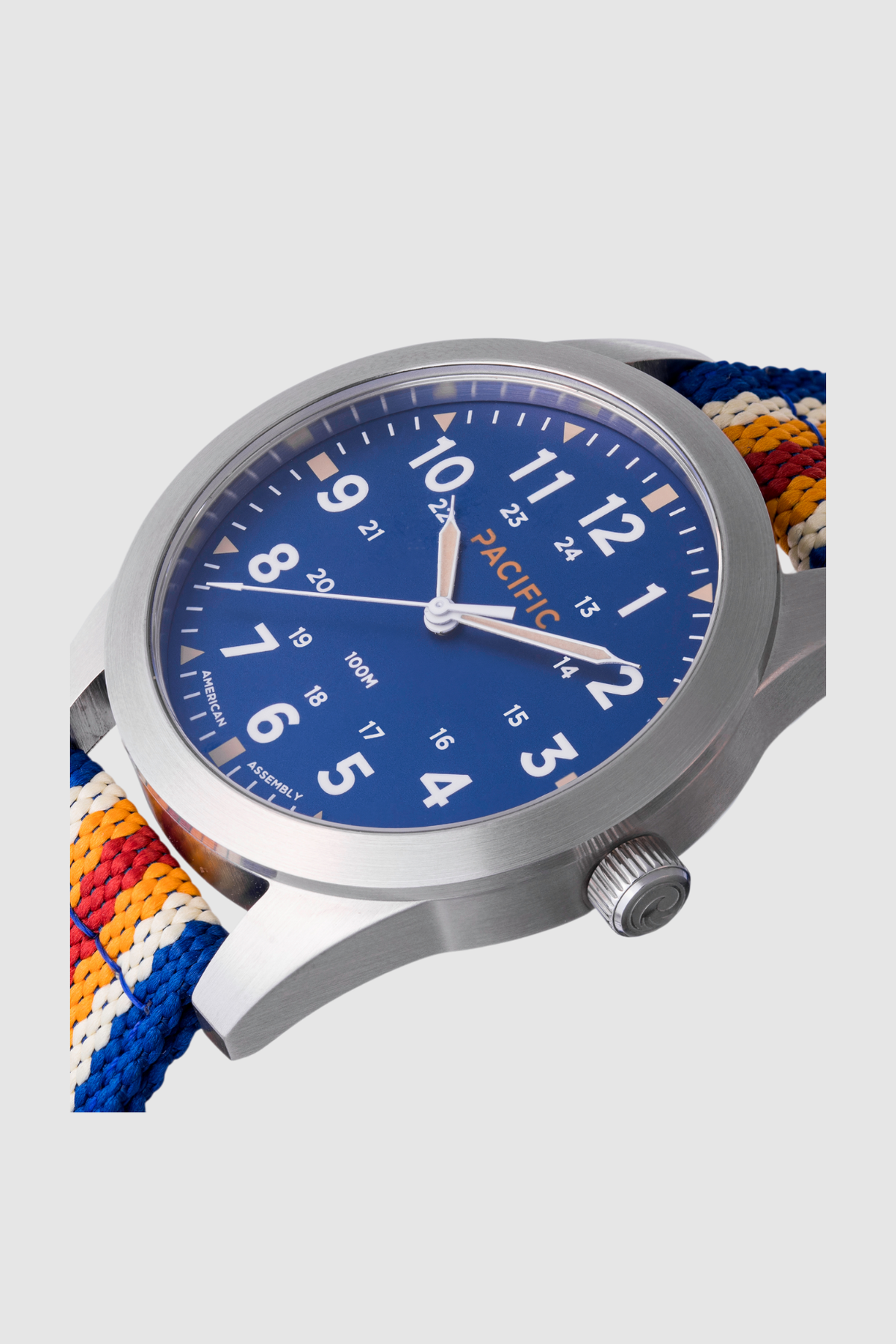Pacific Watch Company Cascadia field watch in Slate Blue with PWC Stripe strap, a rugged USA-assembled 316L stainless steel watch for hiking, fishing, travel and everyday wear, a great gift for him