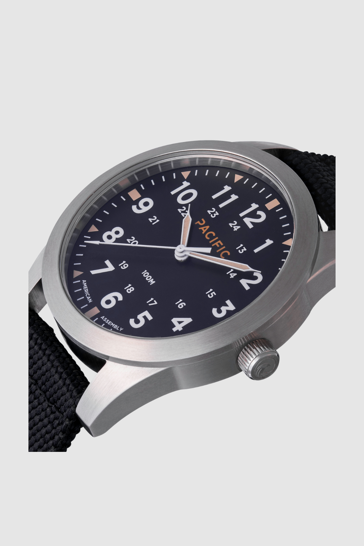 Pacific Watch Company Cascadia field watch in True Black with Black strap, a rugged USA-assembled 316L stainless steel watch for hiking, fishing, travel and everyday wear, a great gift for him