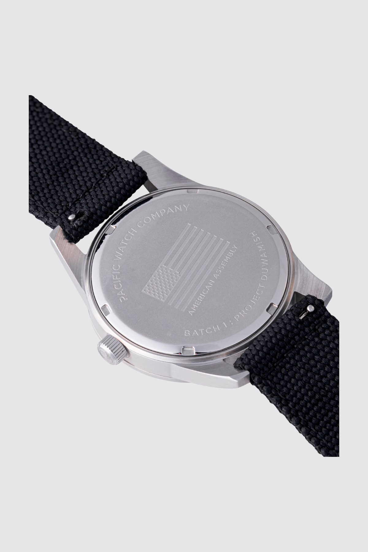 Pacific Watch Company Cascadia field watch in True Black with Black strap, a rugged USA-assembled 316L stainless steel watch for hiking, fishing, travel and everyday wear, a great gift for him