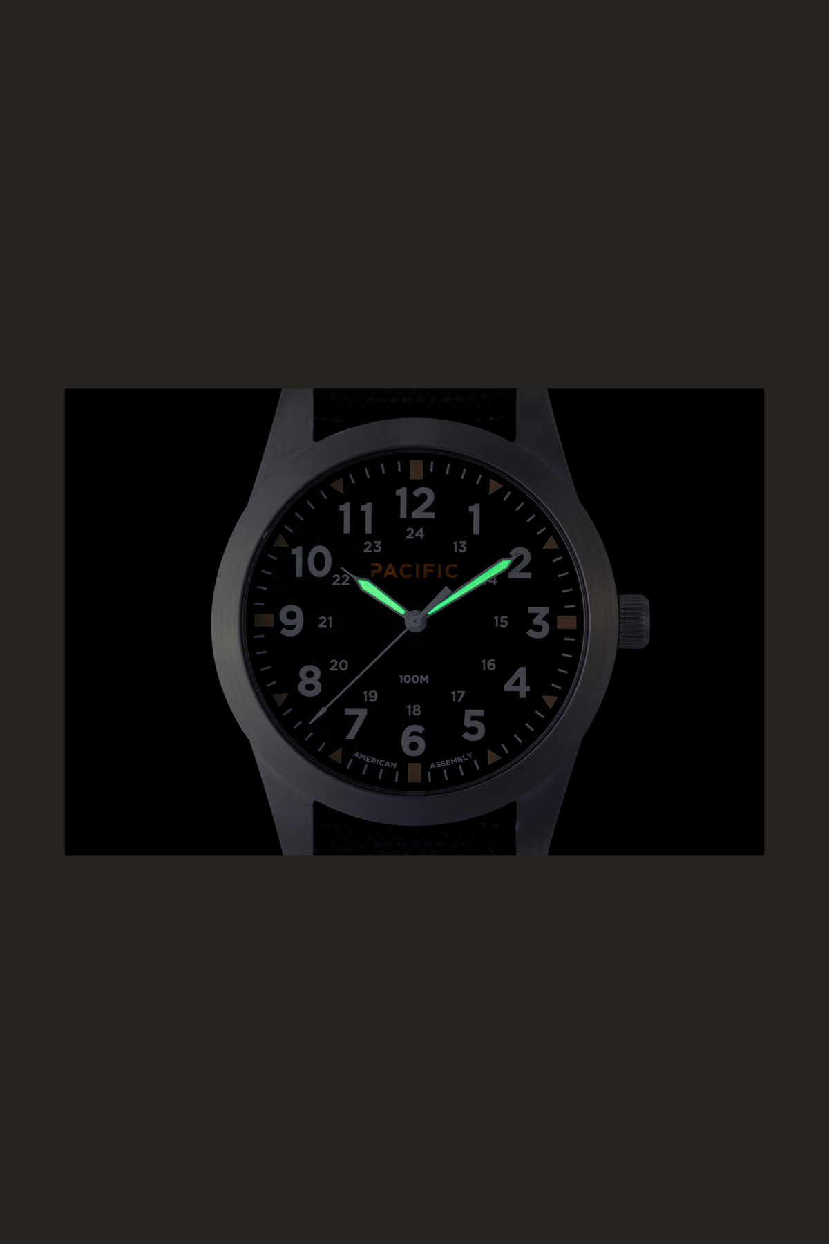 Pacific Watch Company Cascadia field watch in True Black with Black strap, a rugged USA-assembled 316L stainless steel watch for hiking, fishing, travel and everyday wear, a great gift for him