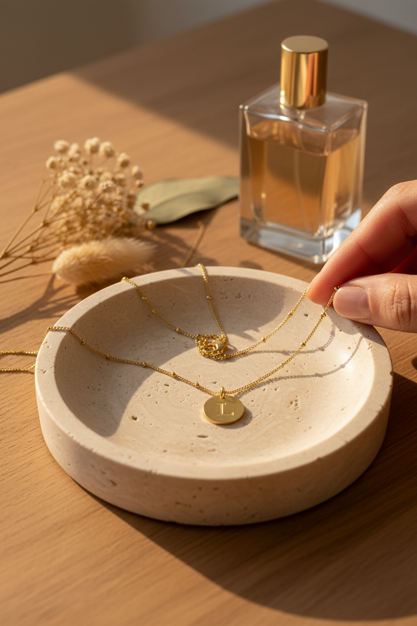 Ellison+Young Charm Necklace L draped on a travertine jewelry dish, perfect for layering, everyday wear and gifting