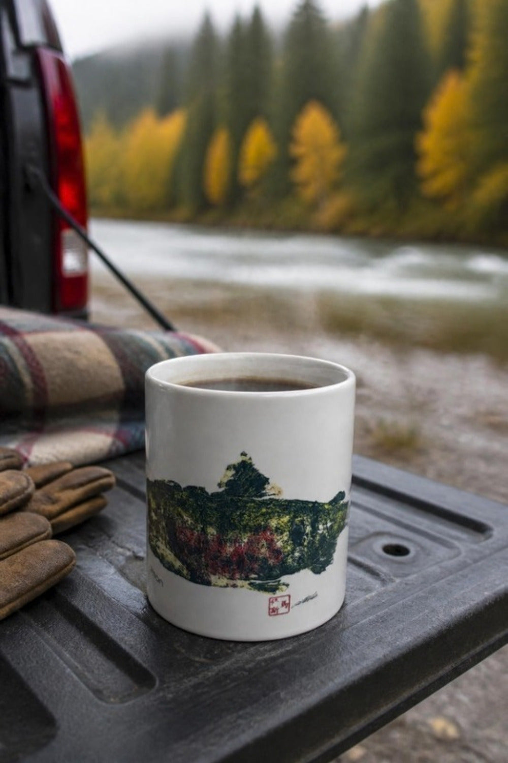 Chum Salmon Gyotaku coffee mug for fall fishing mornings — fill it up off the tailgate before heading down to the river. Original Pacific Northwest fish art, a gift any salmon fisherman will use every day.