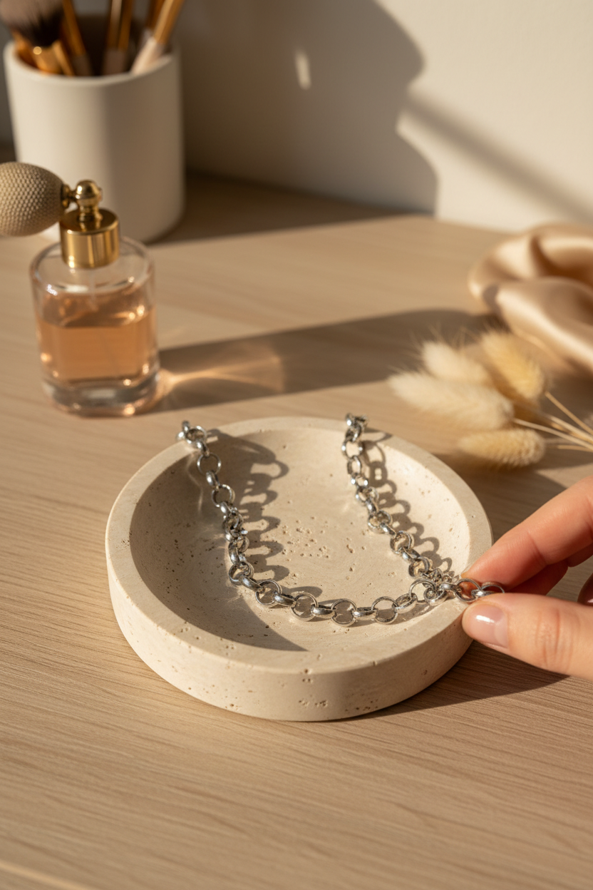 VB&CO Designs Chunky Rolo Layering Necklace draped on a travertine jewelry dish, perfect for layering, everyday wear and gifting