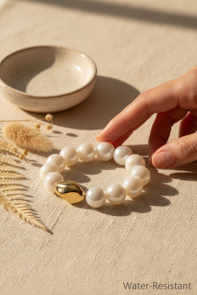 Chunky White Beaded Bracelet styled on cream linen with dried florals, perfect for stacking, everyday wear and gifting