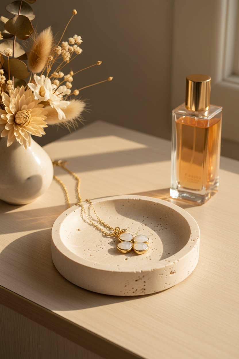 VB&CO Designs Clover Flower Necklace draped on a travertine jewelry dish, perfect for layering, everyday wear and gifting