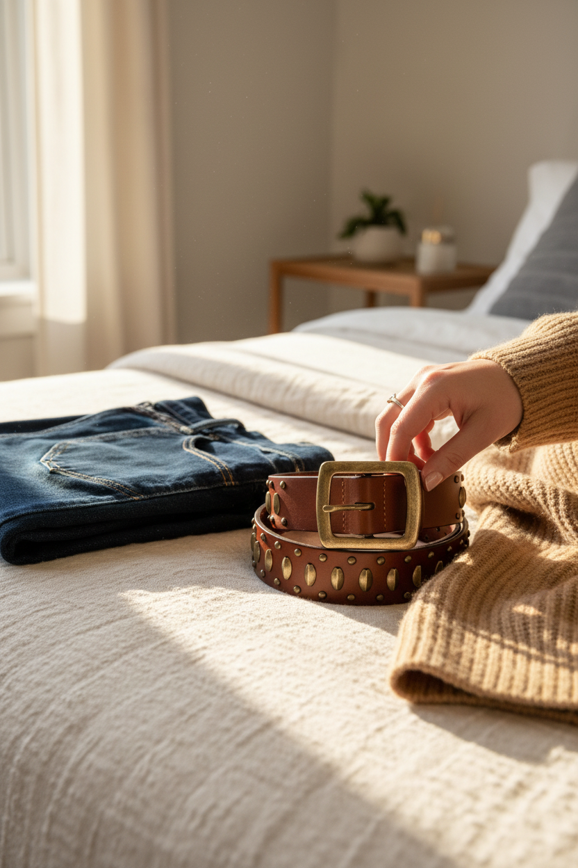 Ginger Blue cognac leather belt with aged brass studs styled on a cream linen bed with denim and a camel sweater, perfect for pairing with jeans, dresses and everyday outfits