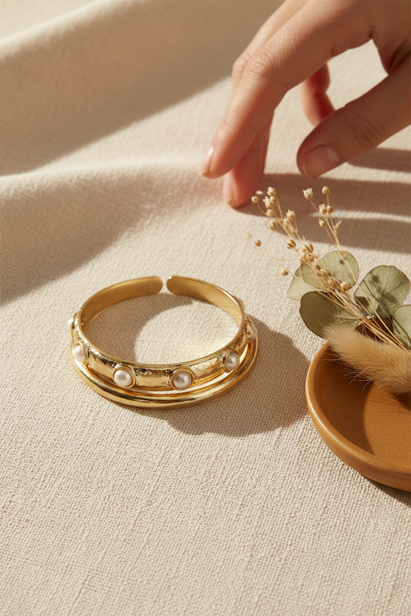 Coin Pearl Stud Stretch Bracelet styled on cream linen with dried florals, perfect for stacking, everyday wear and gifting