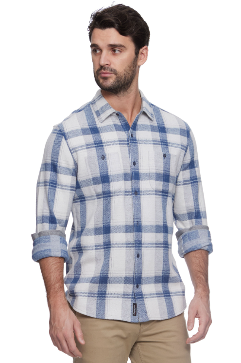 Flag & Anthem Cordova knit flannel in Cream/Blue, a heavyweight, stretchy knit flannel for fall weekends, cabin trips, bonfires and casual Fridays