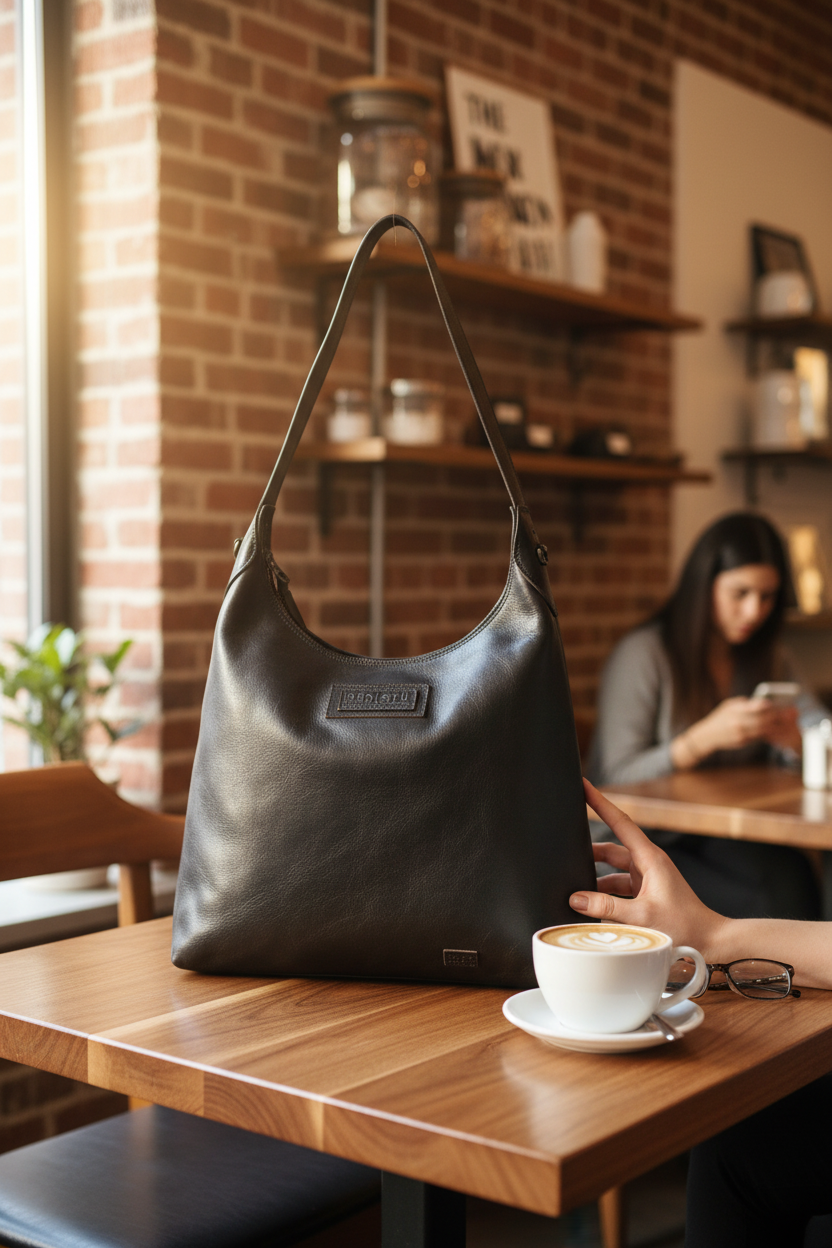 BedStu Dallas Bag in Black Rustic on a cafe table in a cozy boutique, perfect for everyday errands, weekend outings and travel
