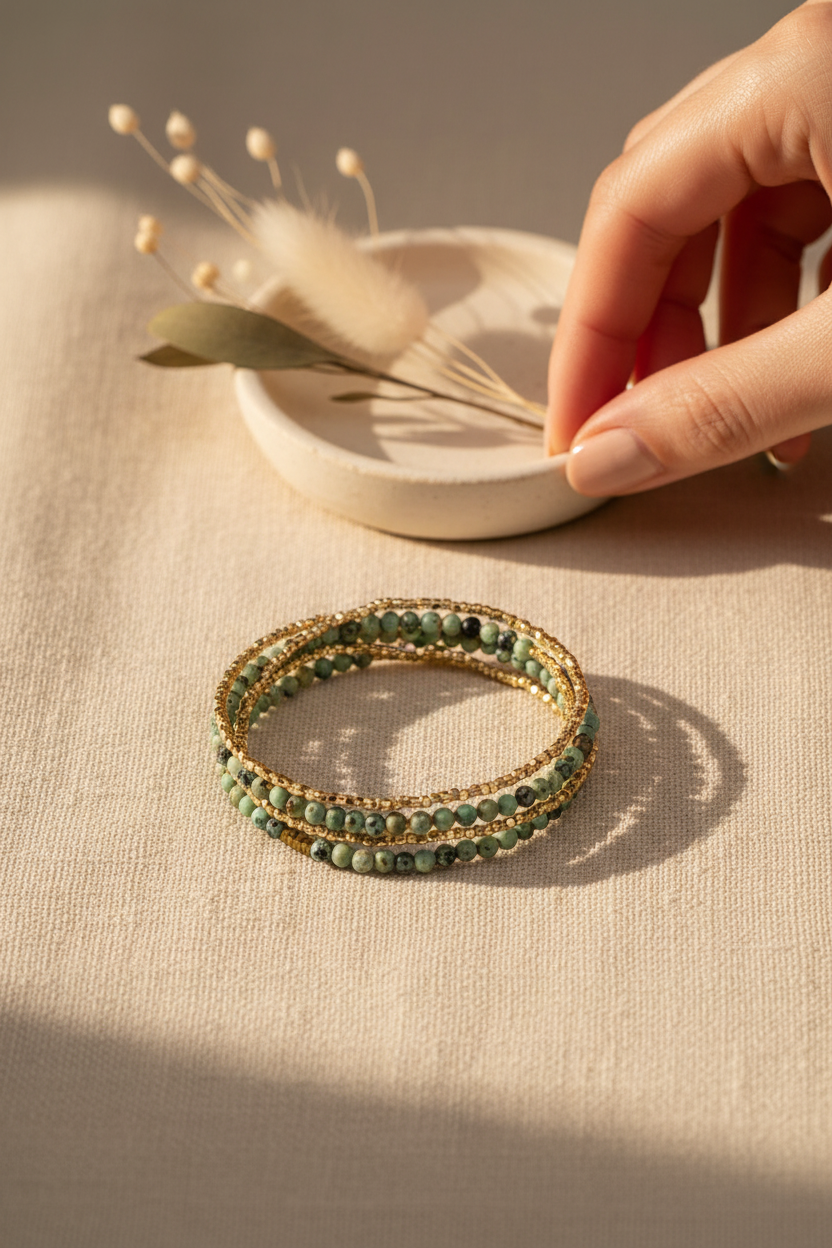 Scout Delicate Stone Wrap Bracelet styled on cream linen with dried florals, perfect for stacking, everyday wear and gifting