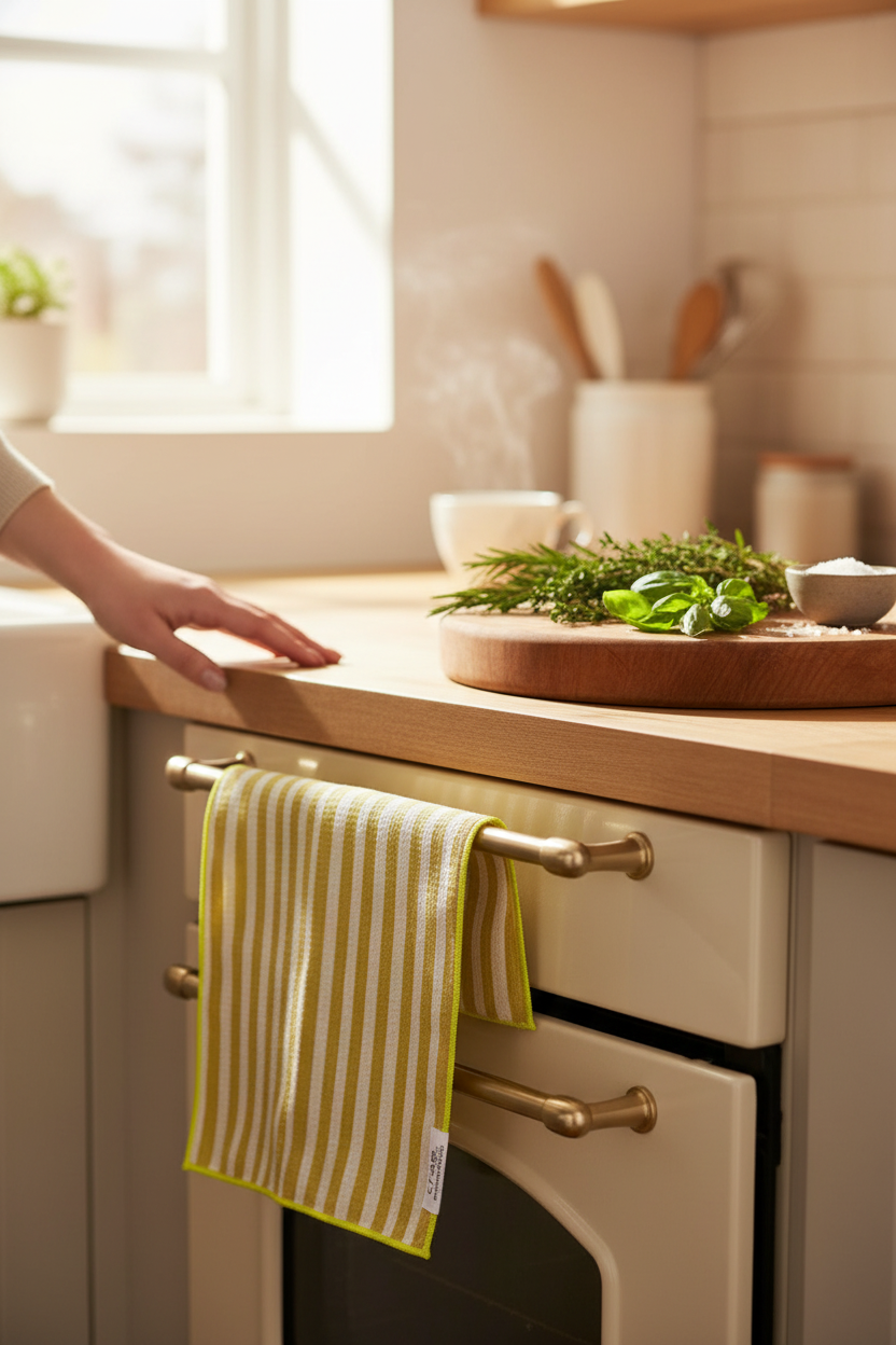 Crae.Home Double-Sided Hand Towel in Juicy hanging in a sunny kitchen, perfect for drying hands and dishes, holiday hosting and hostess gifts