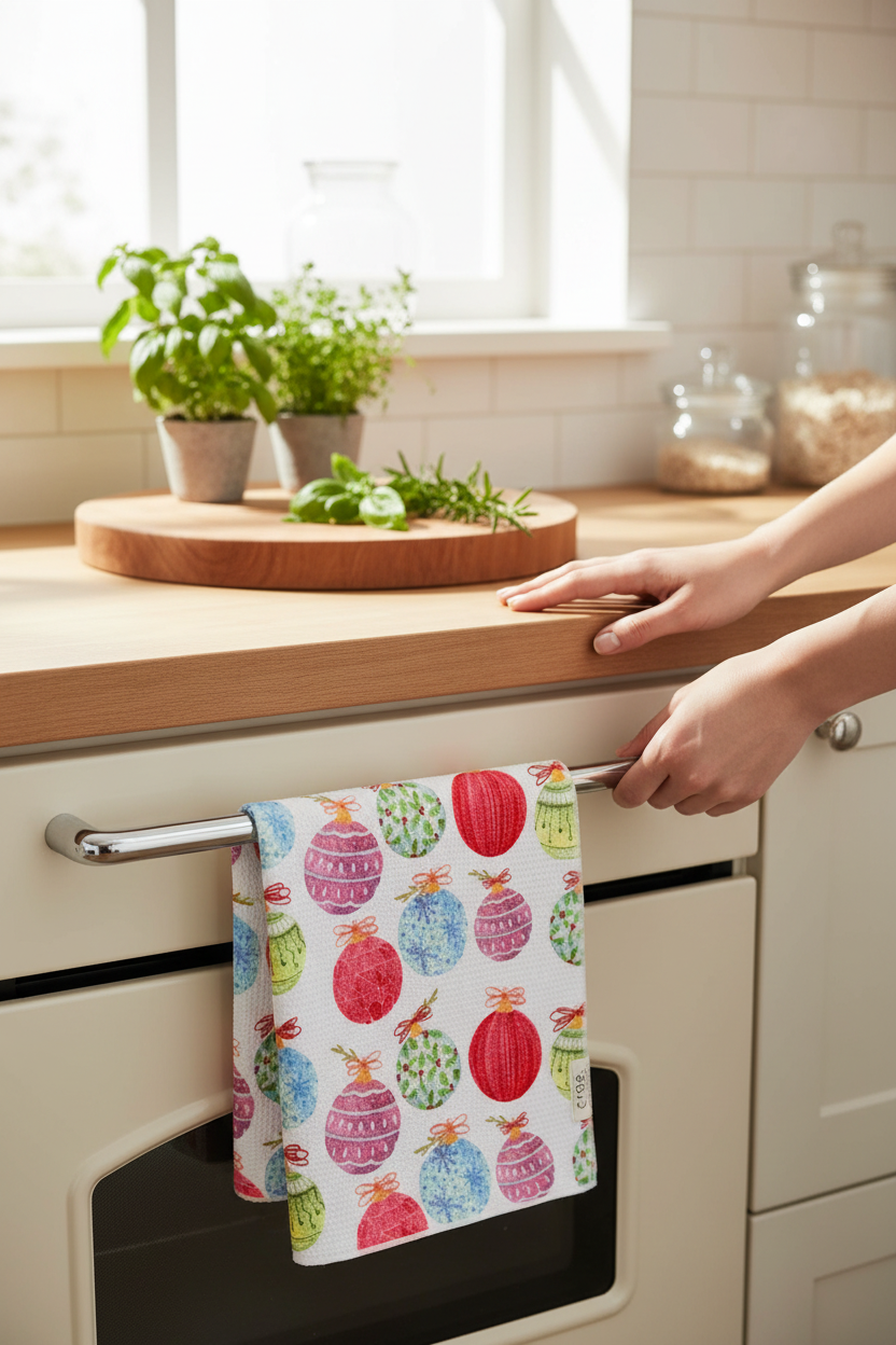 Crae.Home Double-Sided Hand Towel in Dangling Delights hanging in a sunny kitchen, perfect for drying hands and dishes, holiday hosting and hostess gifts