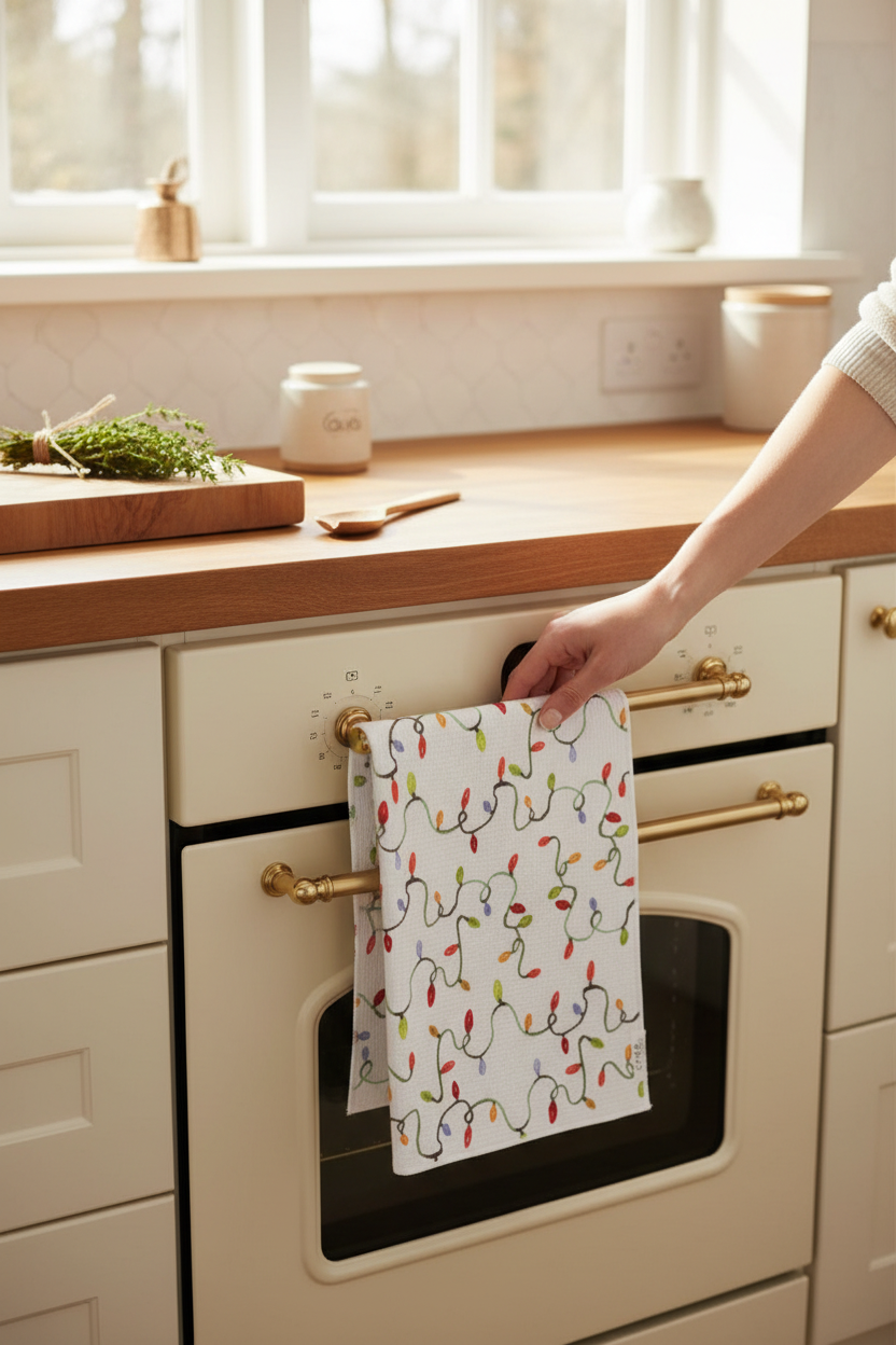 Crae.Home Double-Sided Hand Towel in Light Up Holidays hanging in a sunny kitchen, perfect for drying hands and dishes, holiday hosting and hostess gifts