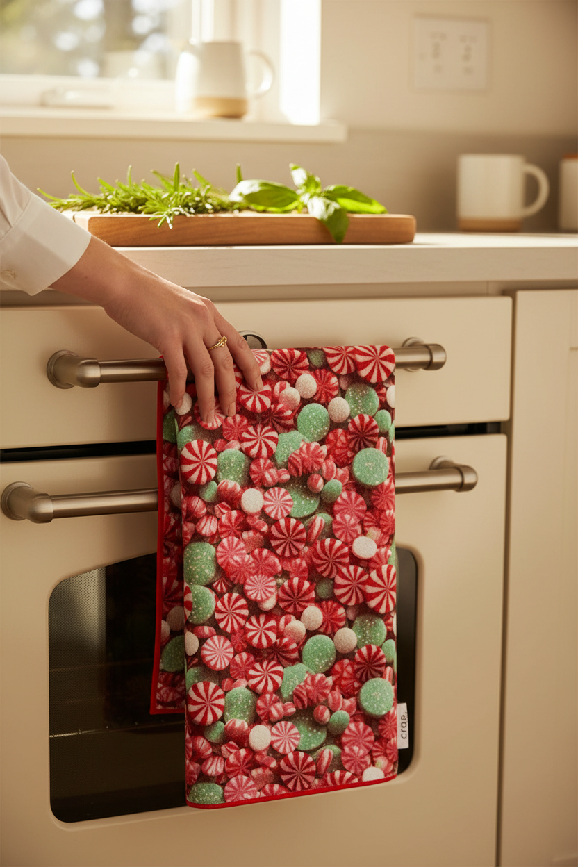 Crae.Home Double-Sided Hand Towel-Peppermint Swirl hanging in a sunny kitchen, perfect for drying hands and dishes, holiday hosting and hostess gifts