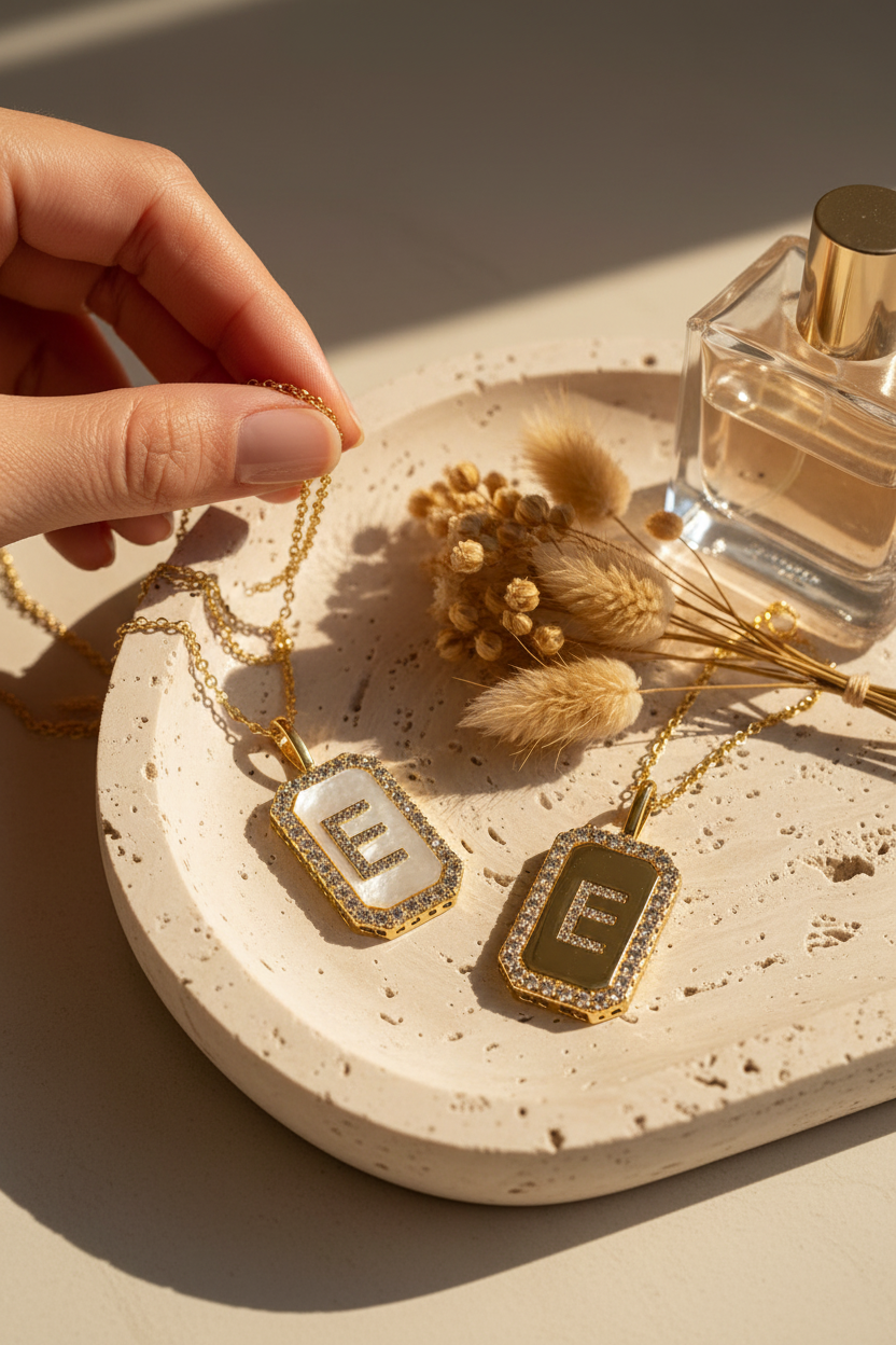 Melinda Maria Double-Sided Necklace E draped on a travertine jewelry dish, perfect for layering, everyday wear and gifting